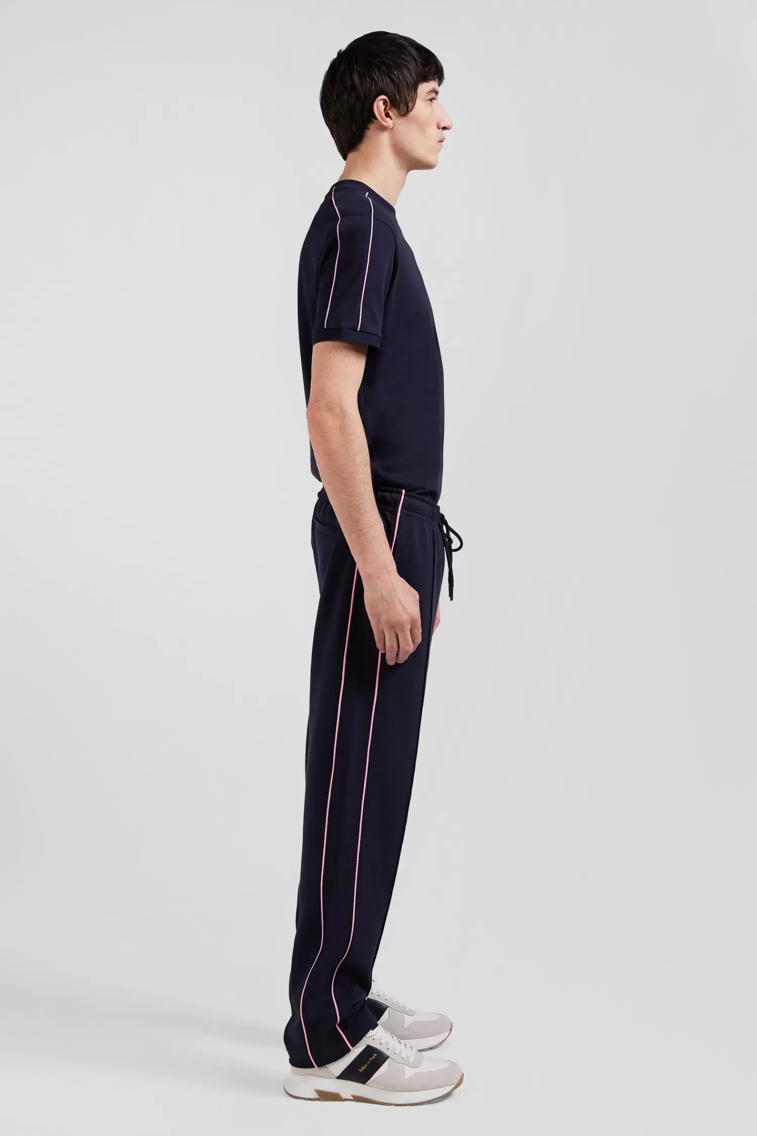 Eden Park Regular navy blue mixed cotton jogging bottoms with pink piping< Pants