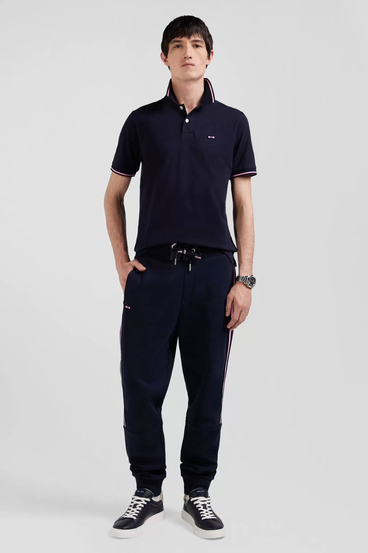Eden Park Regular navy blue mixed cotton jogging bottoms with striped trims< Pants
