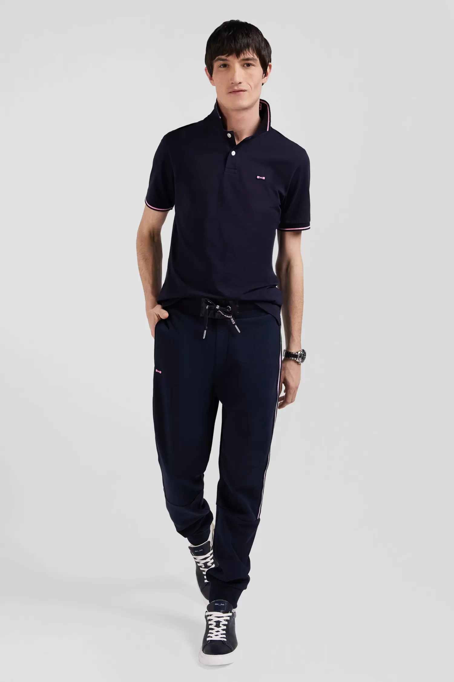 Eden Park Regular navy blue mixed cotton jogging bottoms with striped trims< Pants