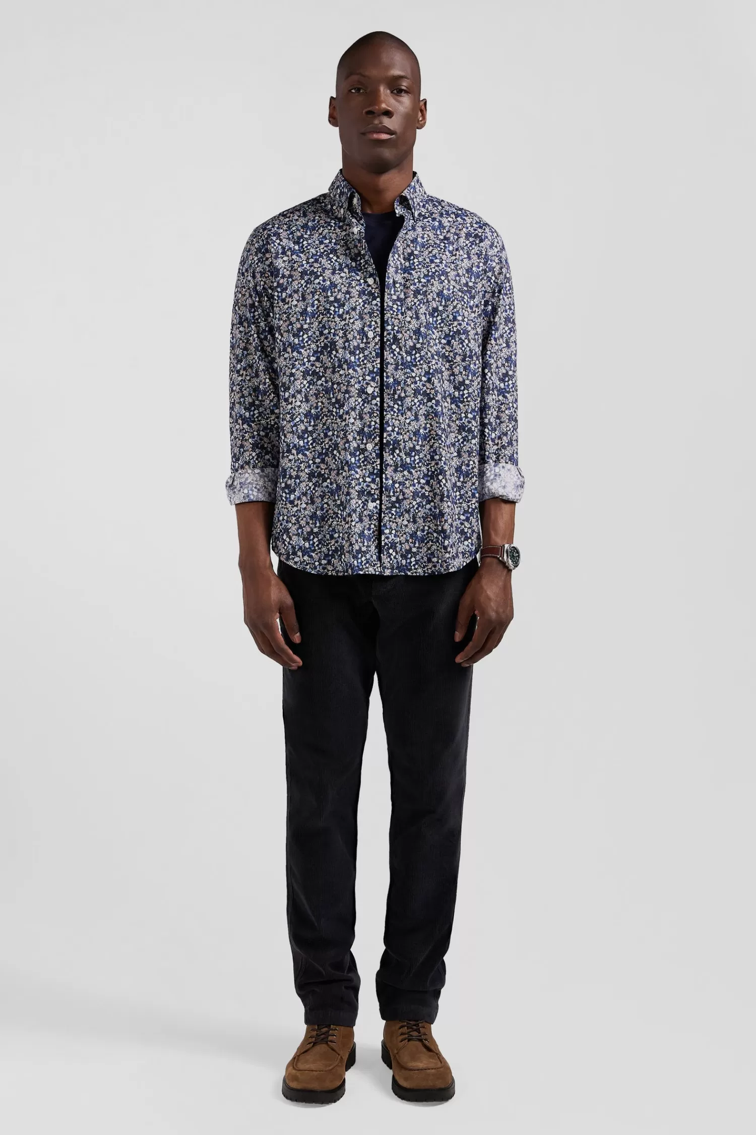 Eden Park Regular navy blue Pima cotton poplin shirt with micro floral print< Shirts