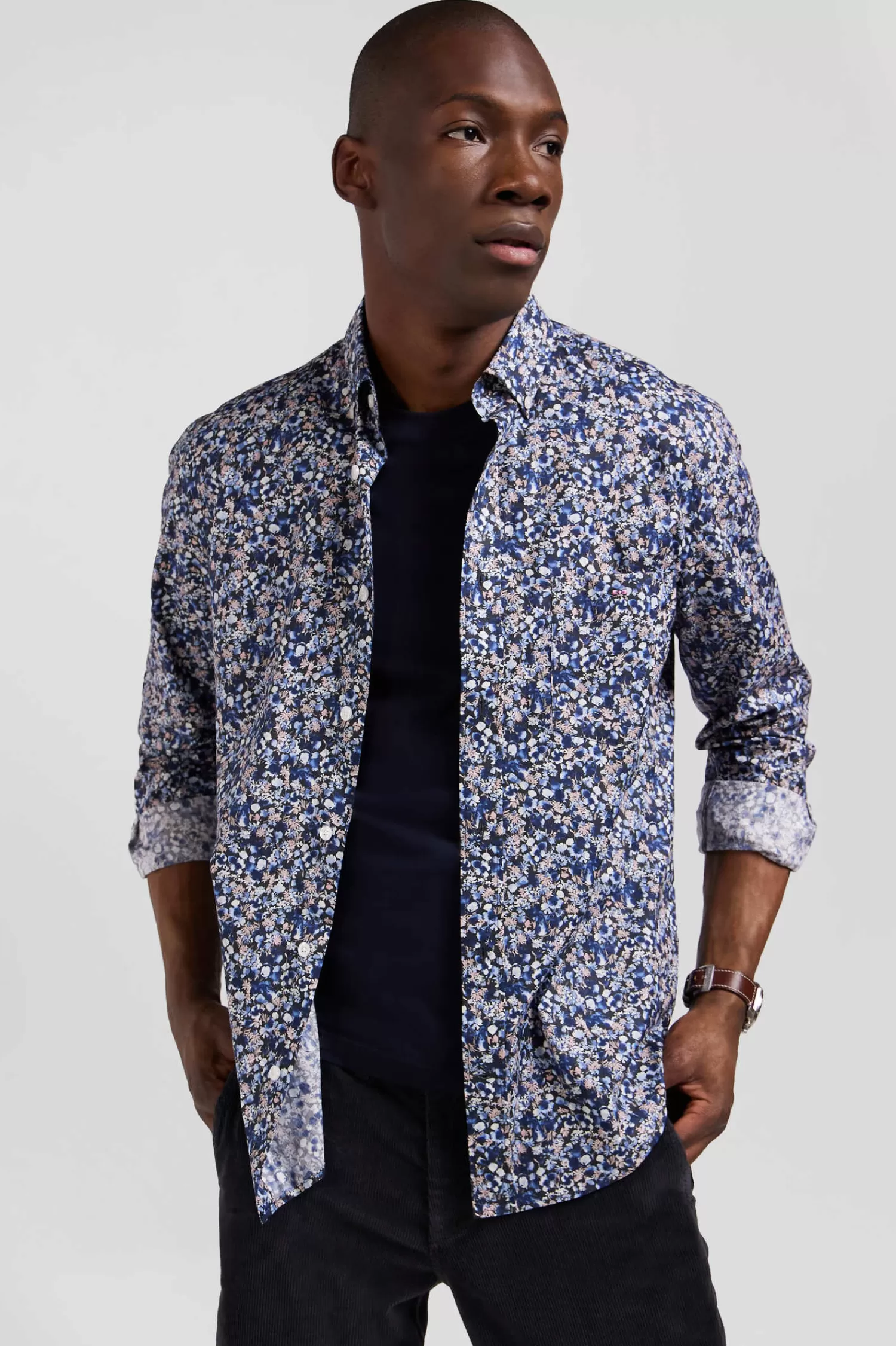 Eden Park Regular navy blue Pima cotton poplin shirt with micro floral print< Shirts