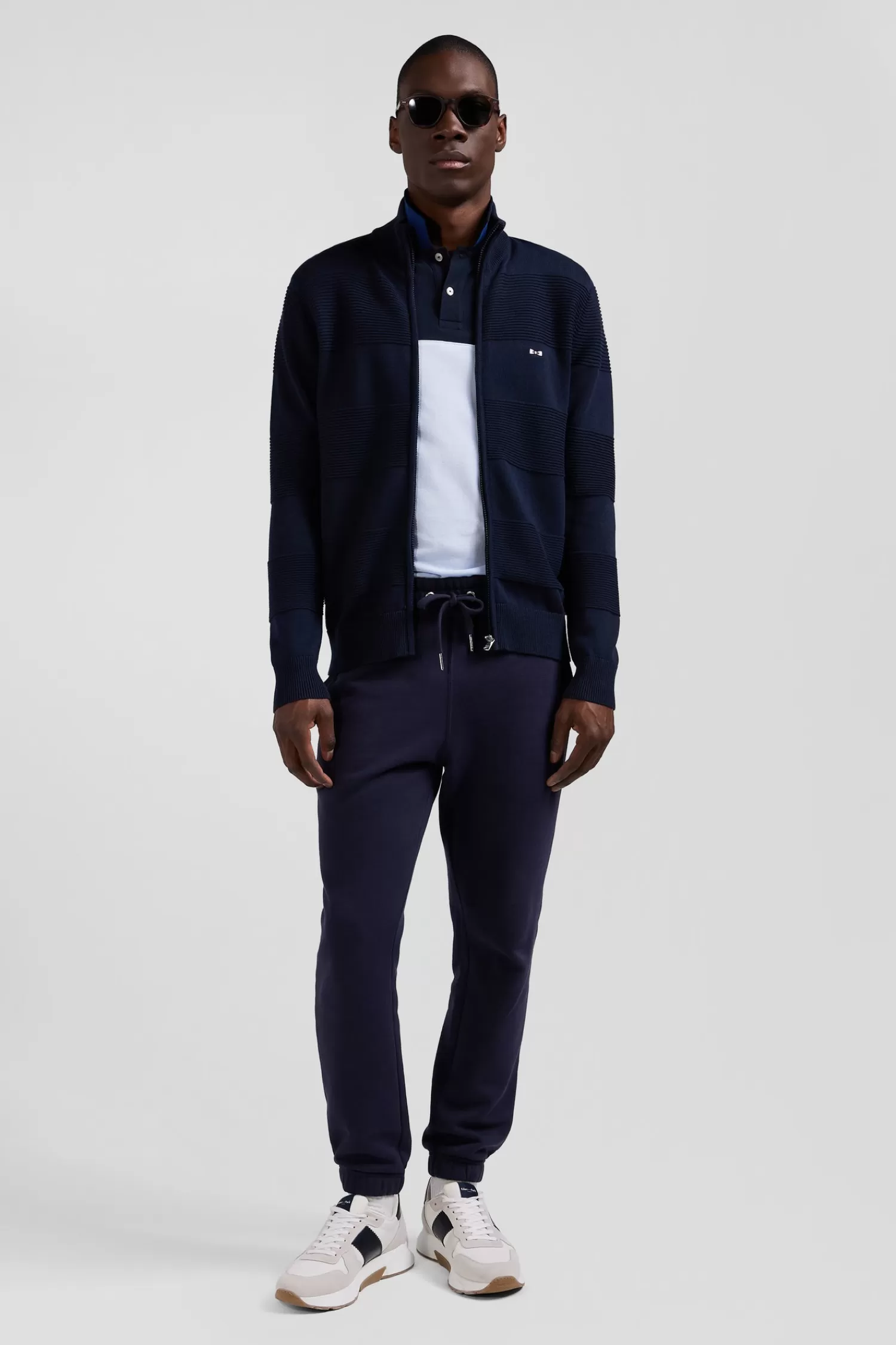 Eden Park Regular navy blue plain cotton zipped cardigan with knit patterns< Cardigans