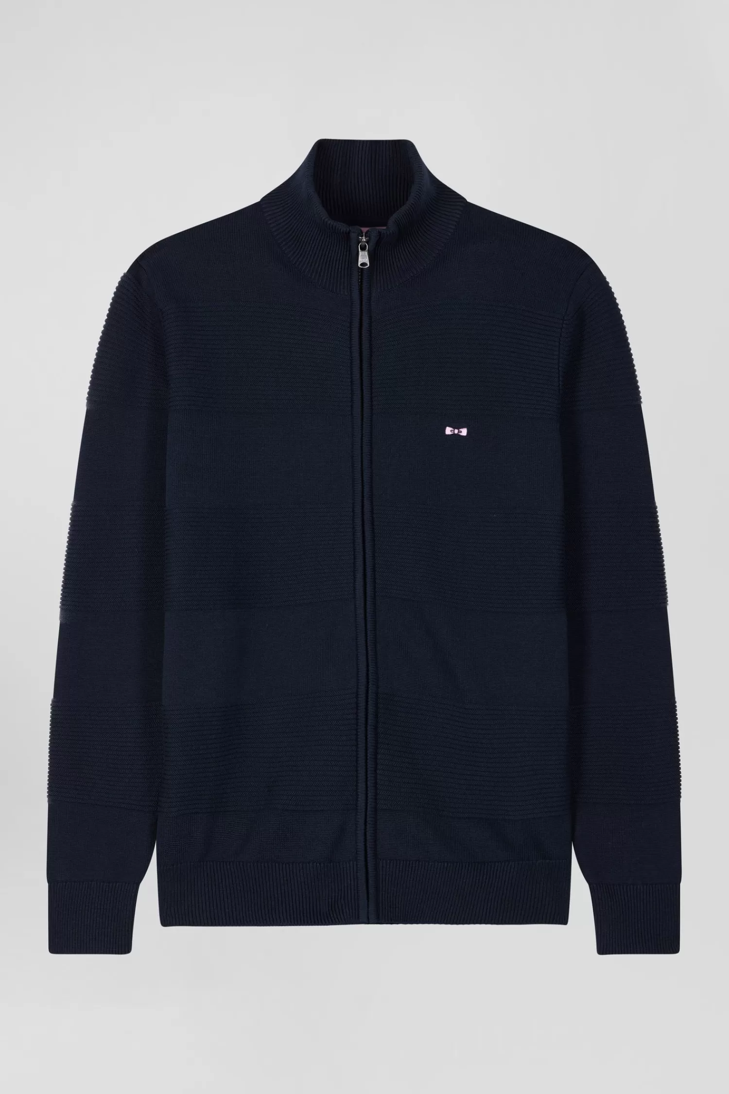 Eden Park Regular navy blue plain cotton zipped cardigan with knit patterns< Cardigans