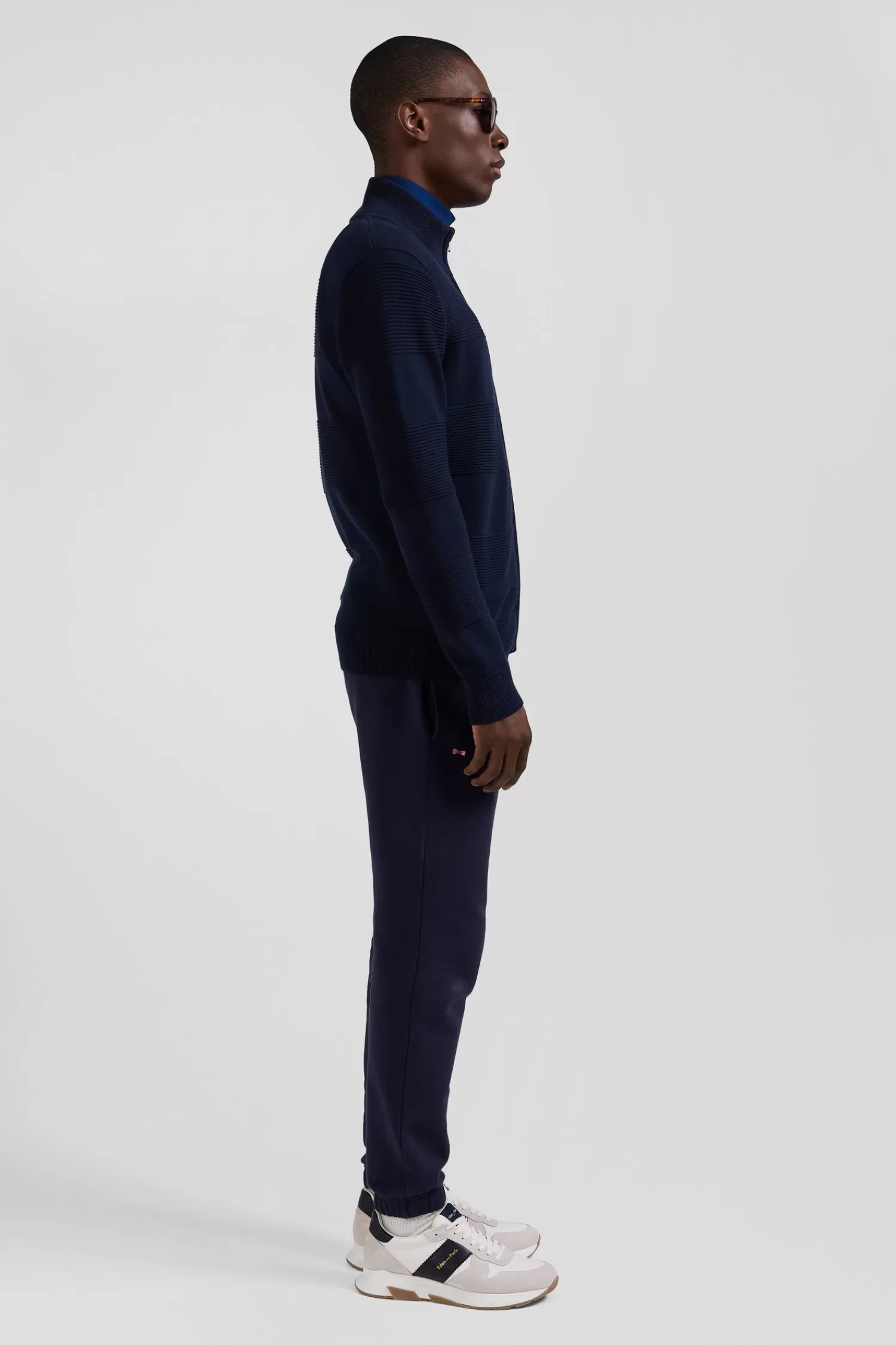 Eden Park Regular navy blue plain cotton zipped cardigan with knit patterns< Cardigans