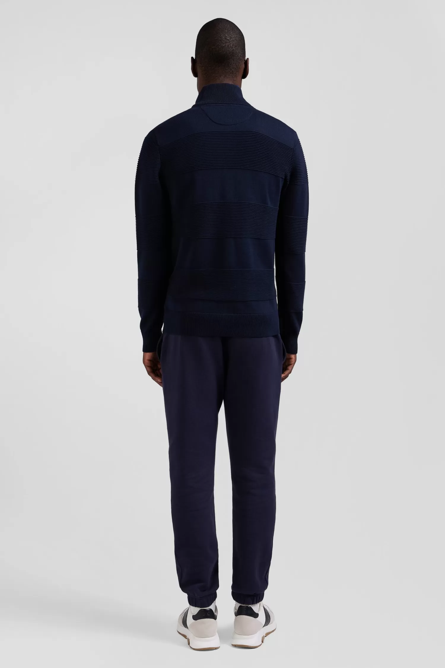 Eden Park Regular navy blue plain cotton zipped cardigan with knit patterns< Cardigans