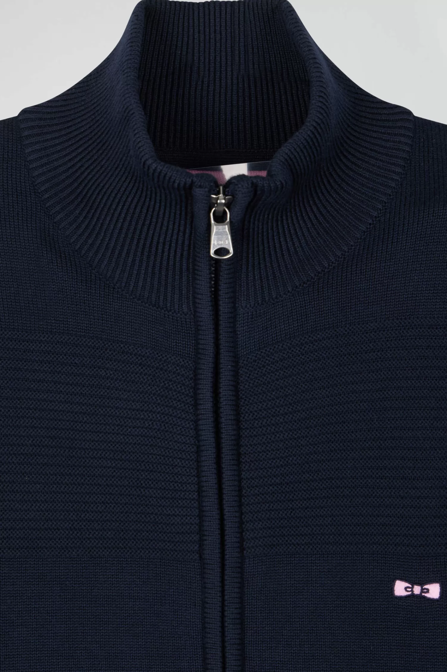 Eden Park Regular navy blue plain cotton zipped cardigan with knit patterns< Cardigans