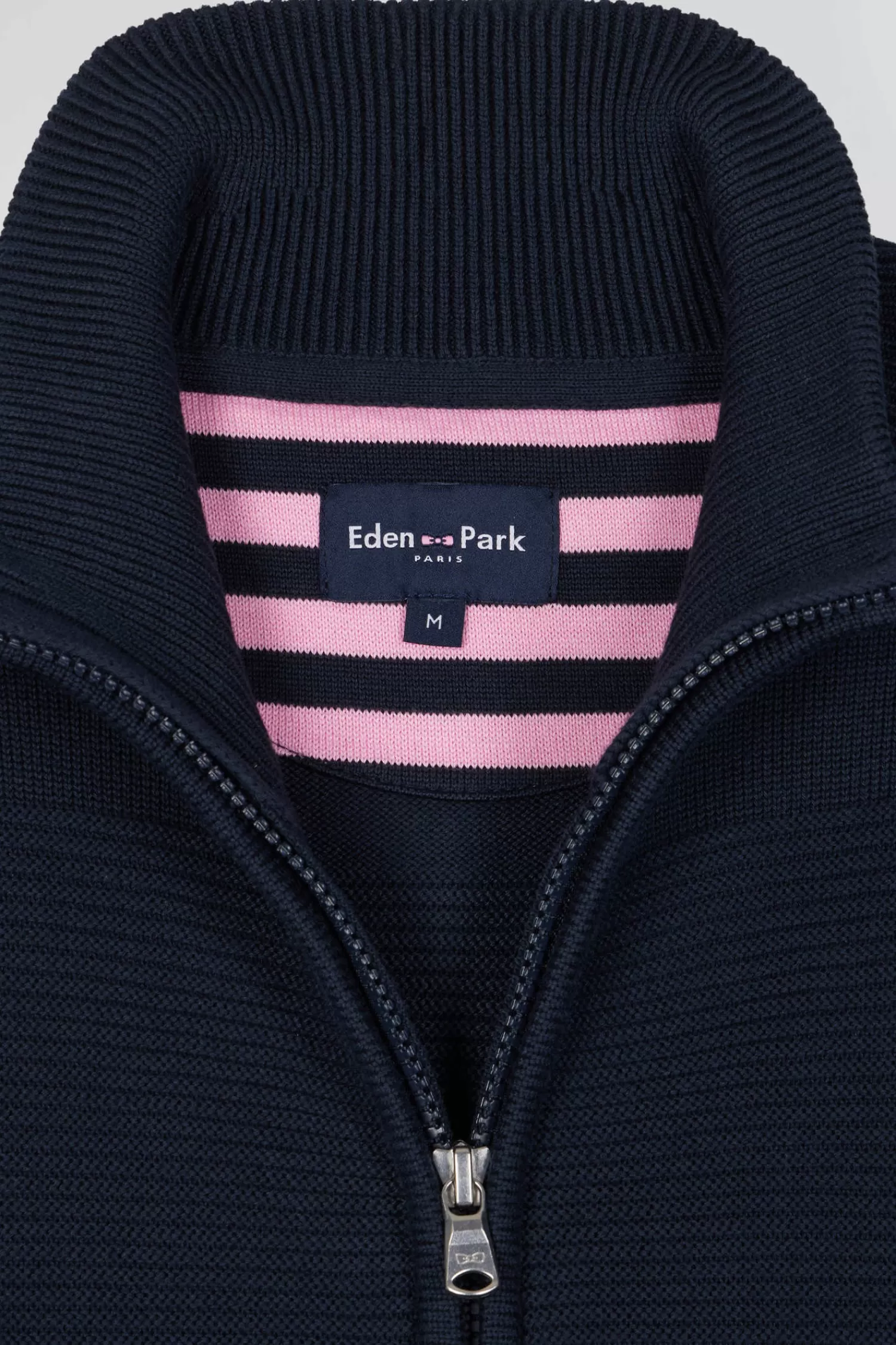 Eden Park Regular navy blue plain cotton zipped cardigan with knit patterns< Cardigans
