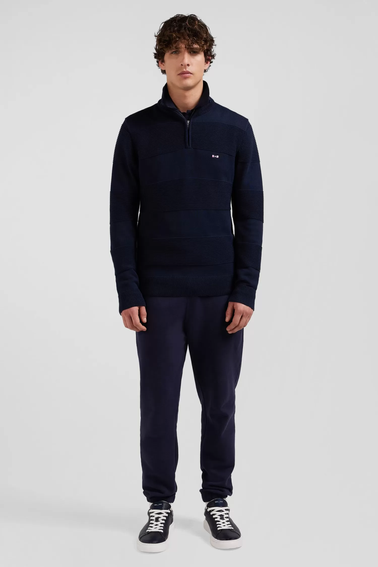Eden Park Regular navy blue semi-zipped cotton jumper with knit patterns< Sweaters