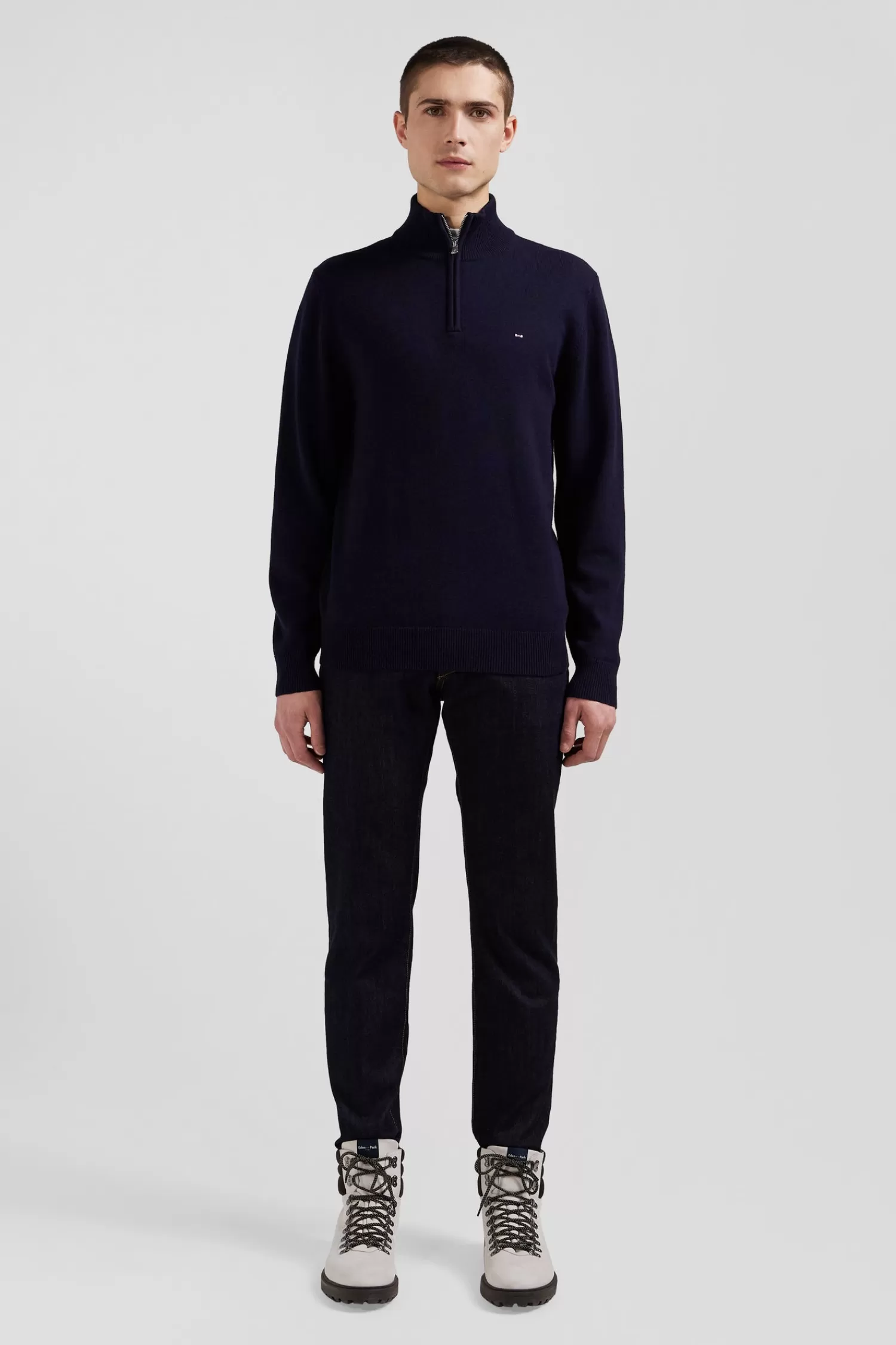 Eden Park Regular navy blue semi-zipped wool and cotton jumper< Sweaters