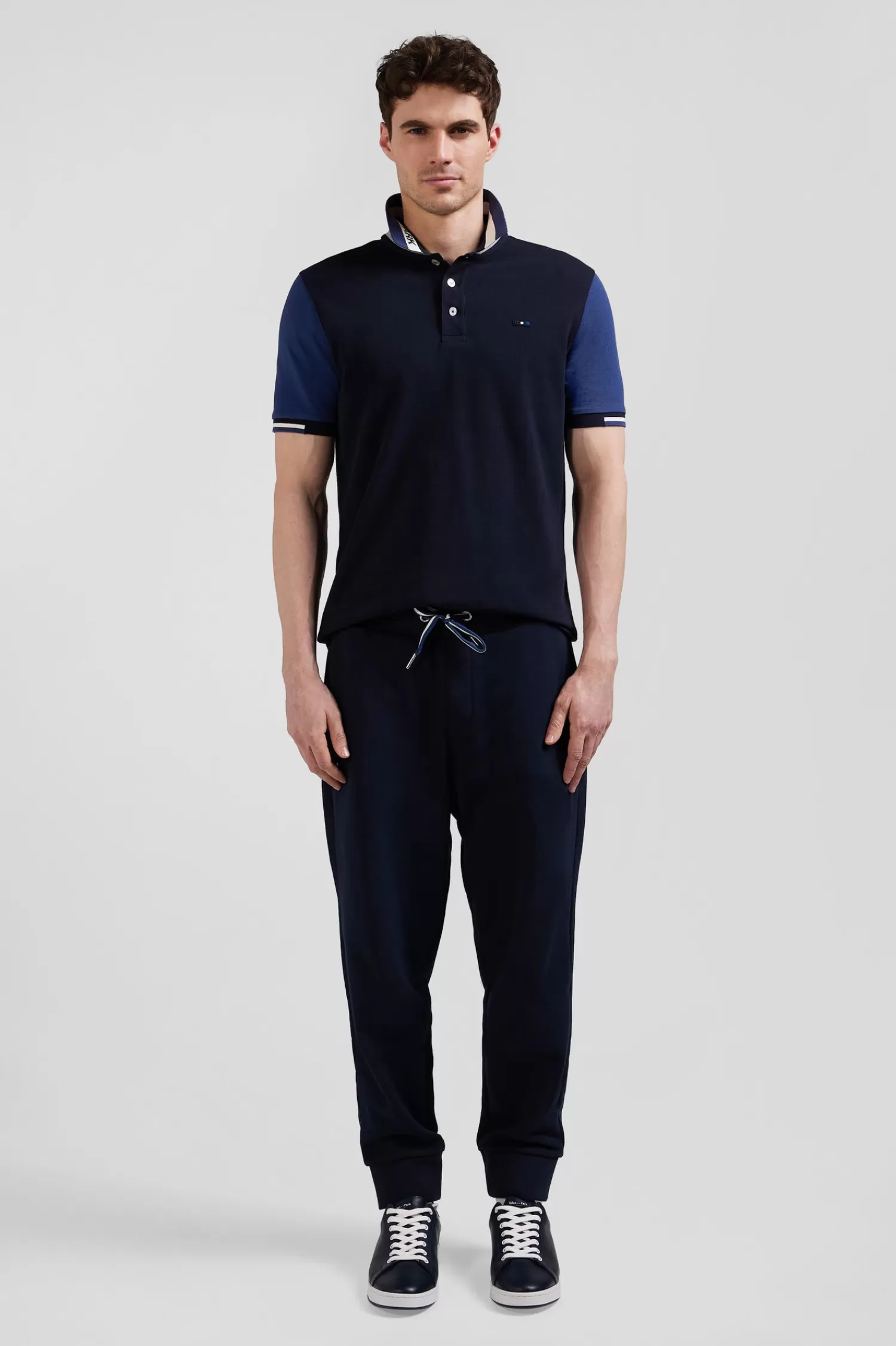 Eden Park Regular navy blue short-sleeved cotton piqué polo shirt with jacquard collar< Polos