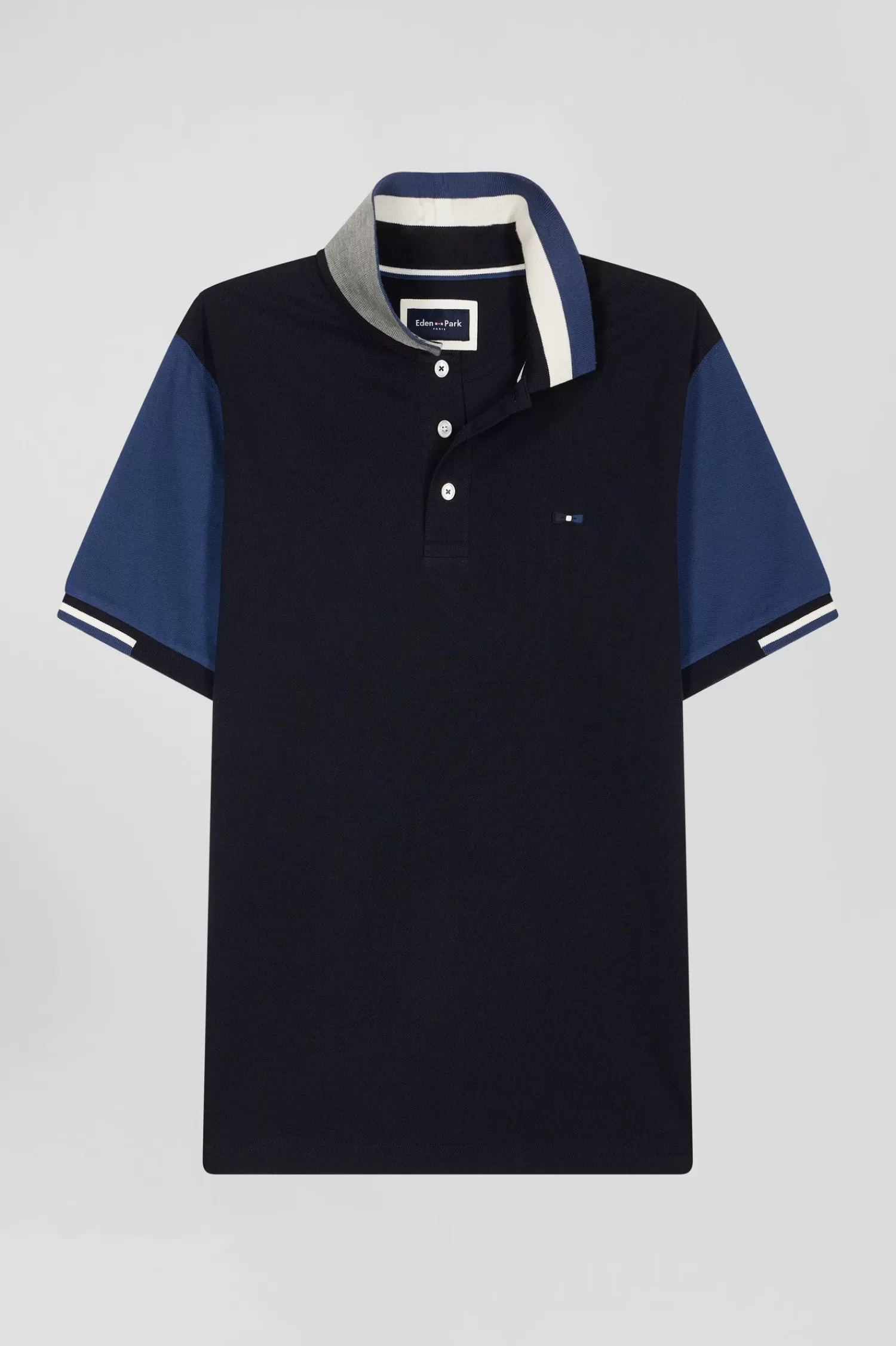 Eden Park Regular navy blue short-sleeved cotton piqué polo shirt with jacquard collar< Polos