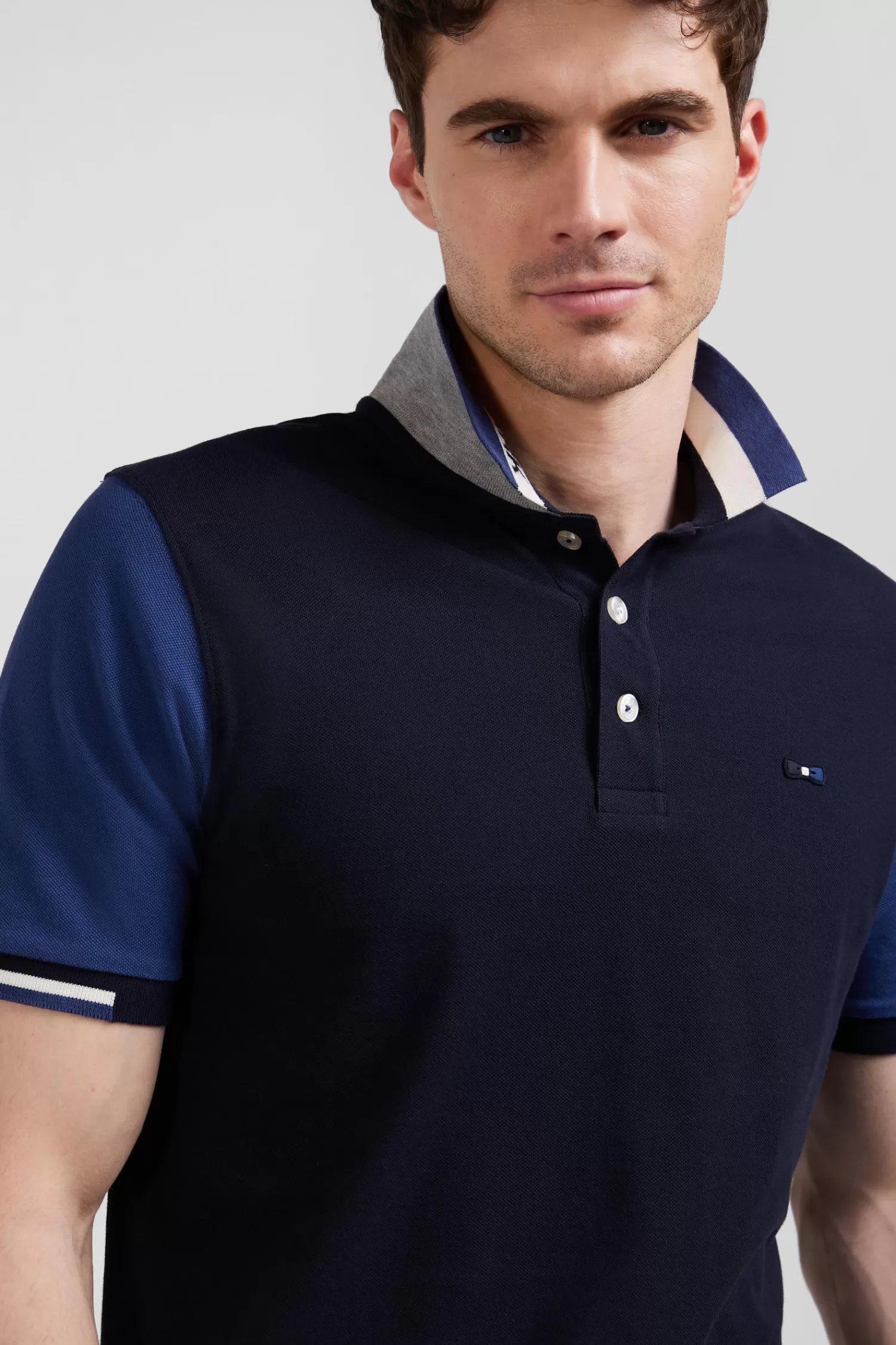 Eden Park Regular navy blue short-sleeved cotton piqué polo shirt with jacquard collar< Polos