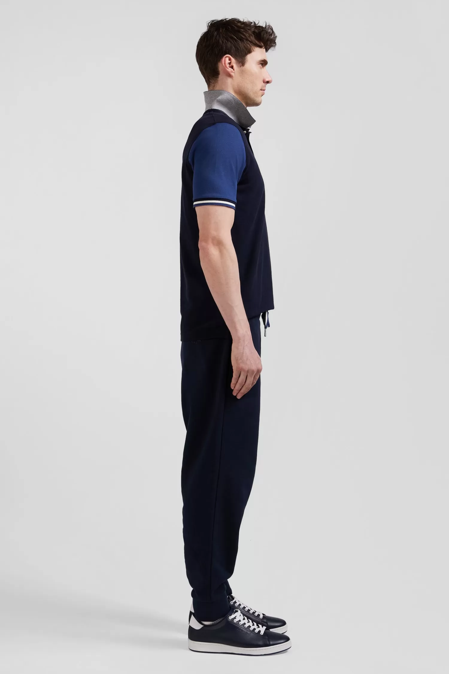 Eden Park Regular navy blue short-sleeved cotton piqué polo shirt with jacquard collar< Polos