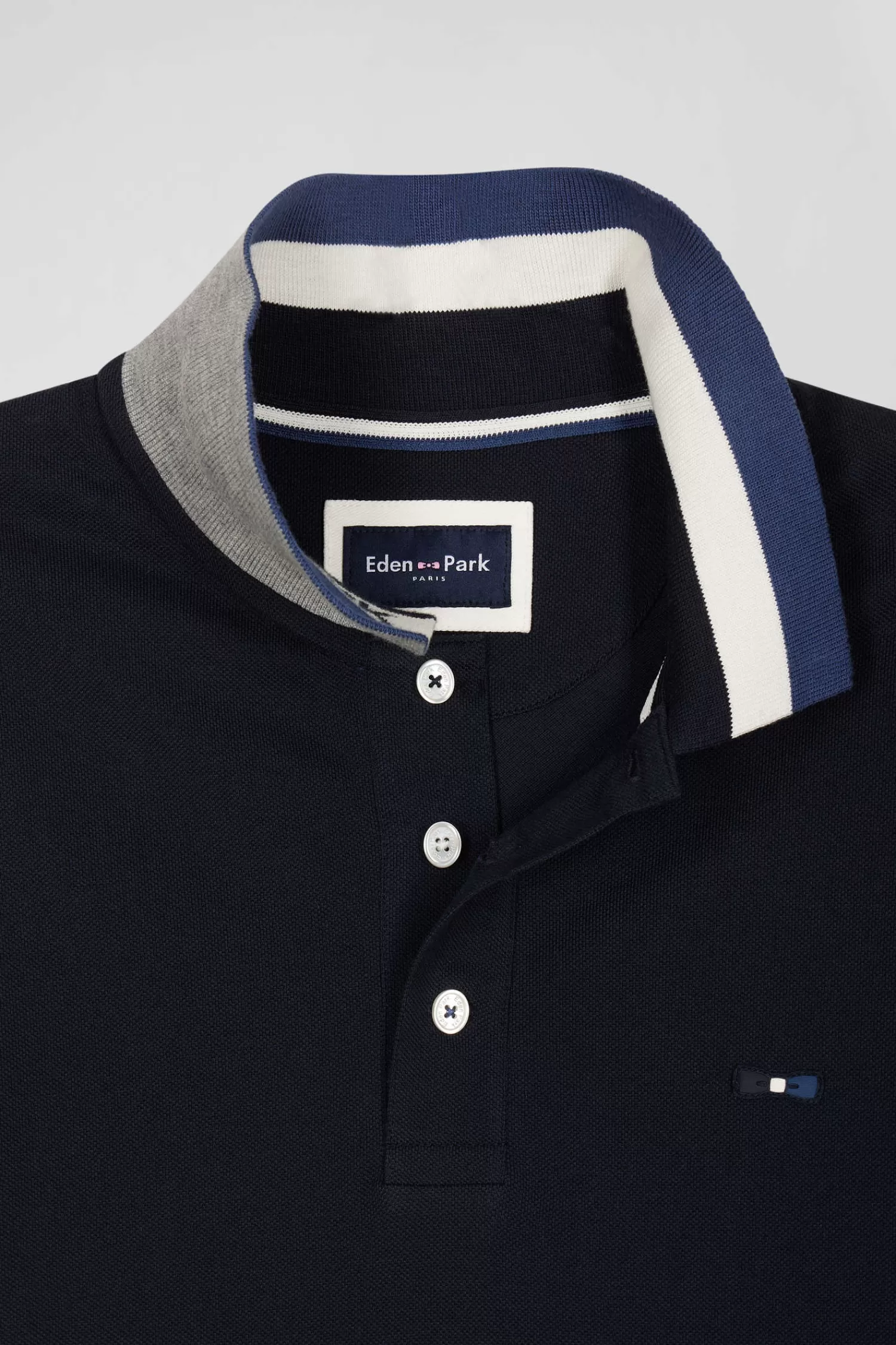 Eden Park Regular navy blue short-sleeved cotton piqué polo shirt with jacquard collar< Polos