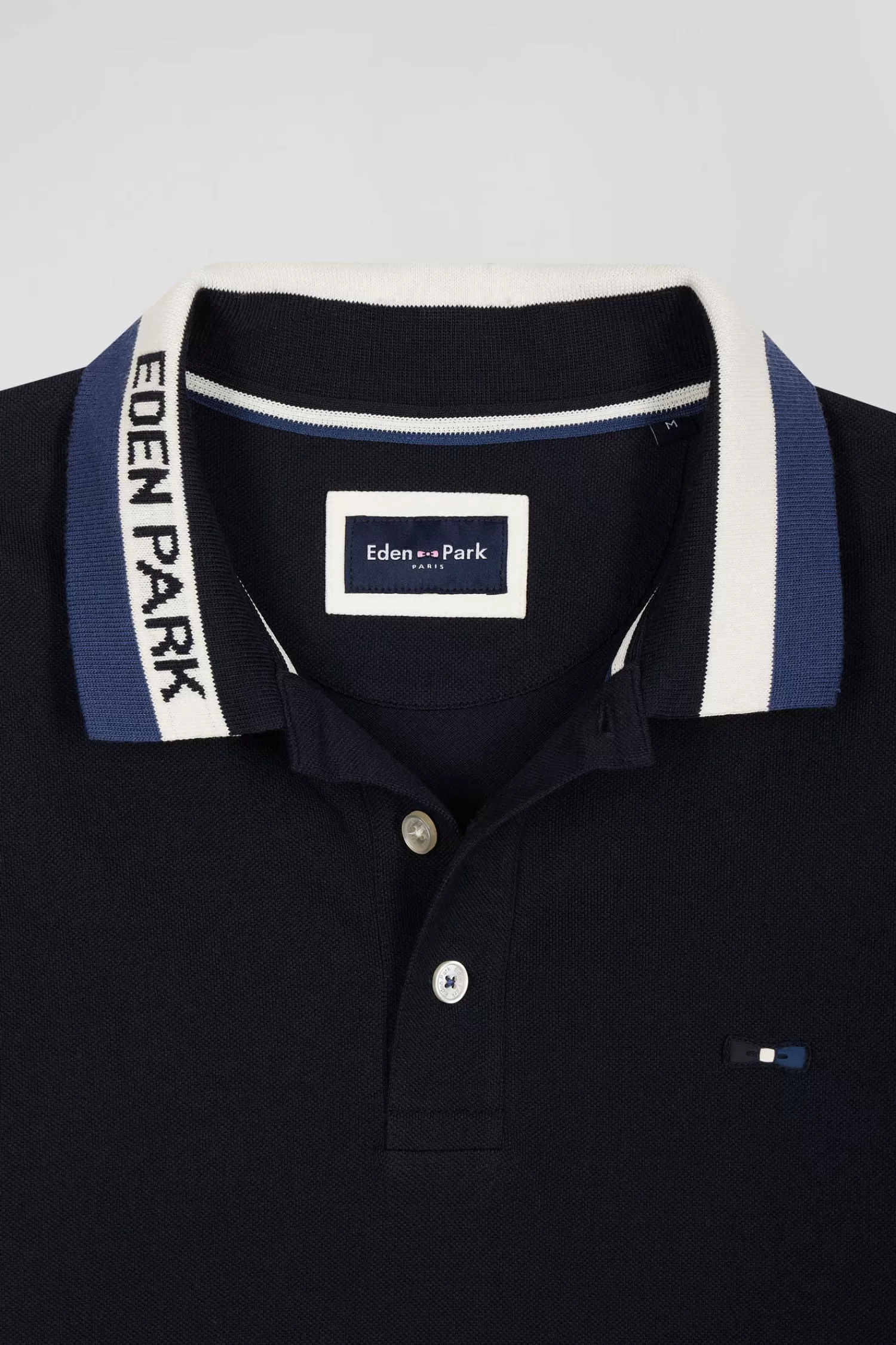 Eden Park Regular navy blue short-sleeved cotton piqué polo shirt with jacquard collar< Polos