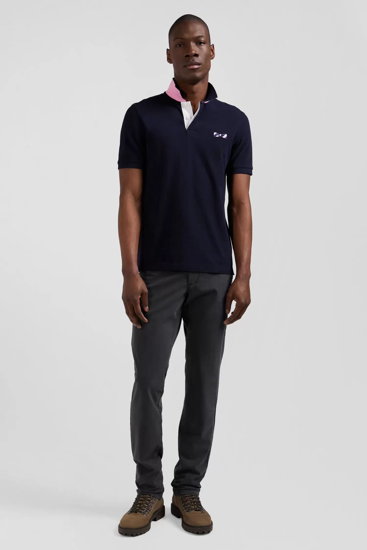 Eden Park Regular navy blue short-sleeved cotton piqué polo shirt with striped embroidery< Polos