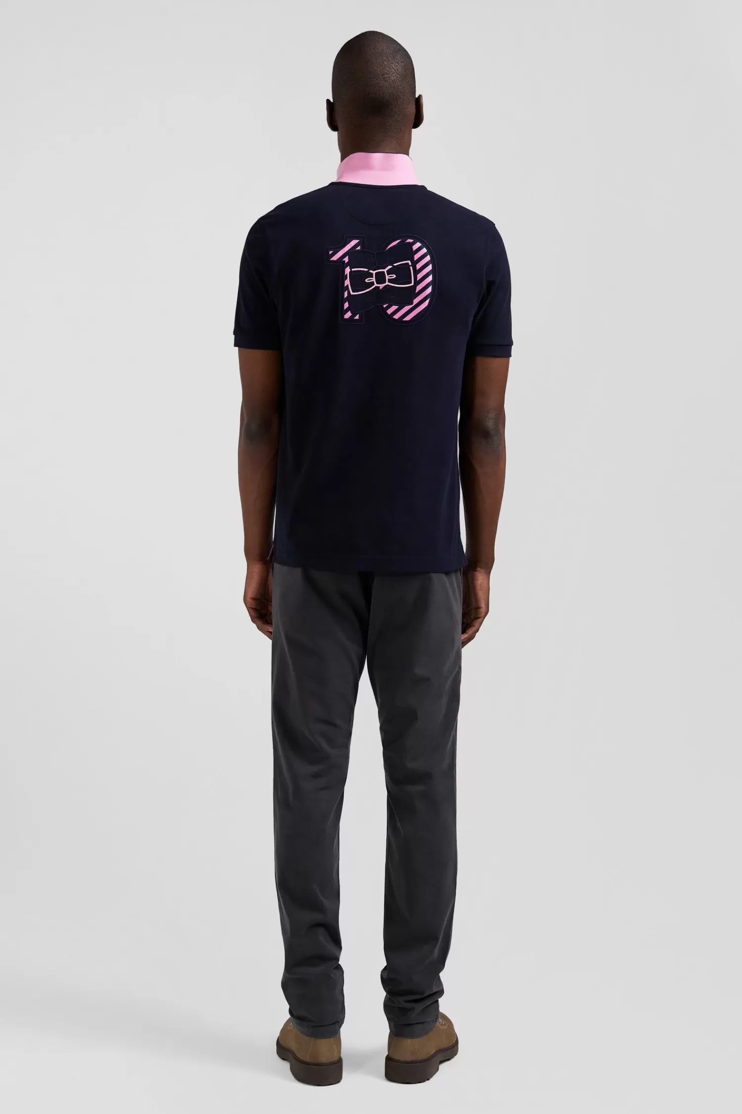 Eden Park Regular navy blue short-sleeved cotton piqué polo shirt with striped embroidery< Polos