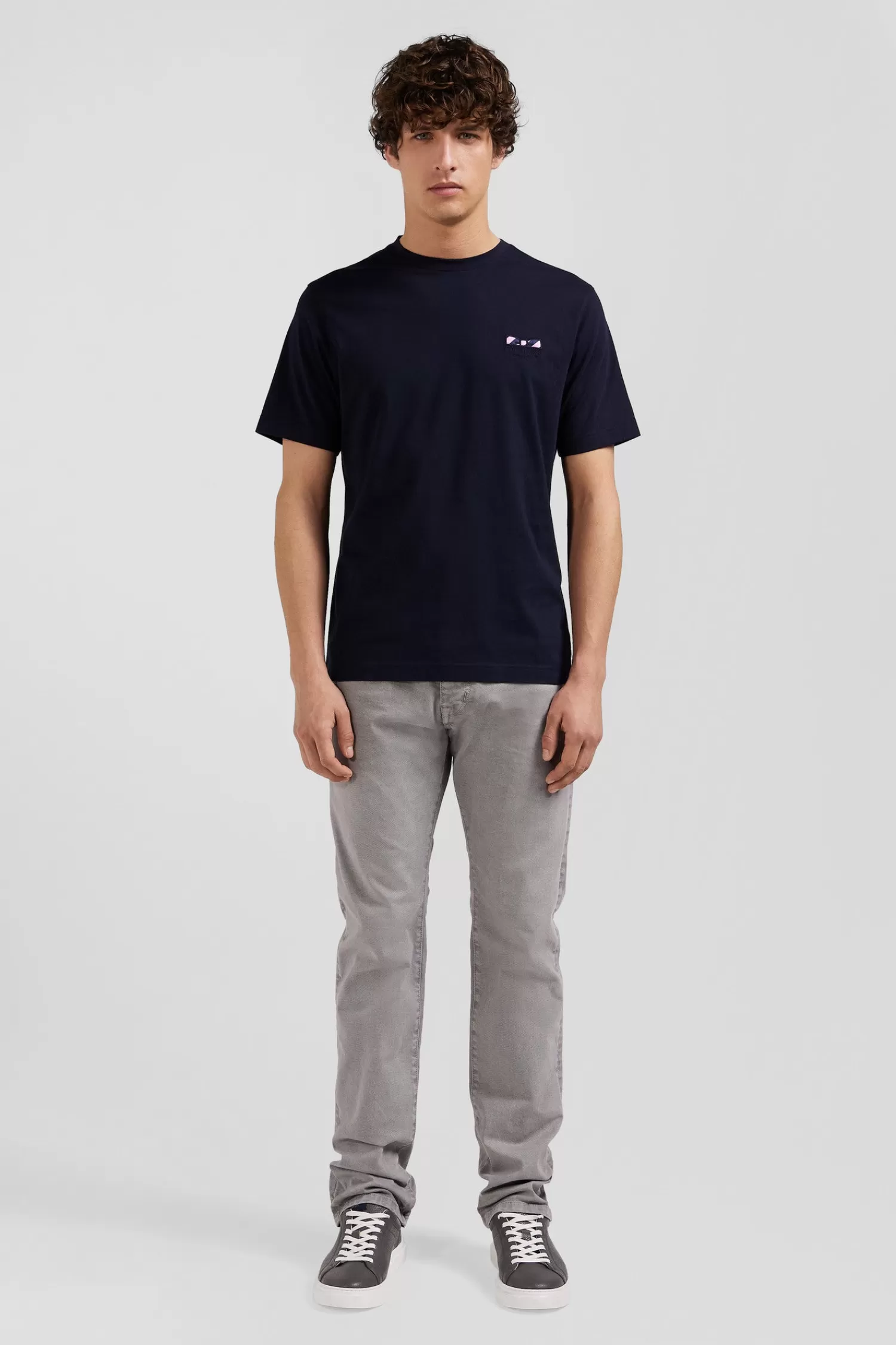 Eden Park Regular navy blue short-sleeved cotton T-shirt with tie patchwork emblem< T-shirts