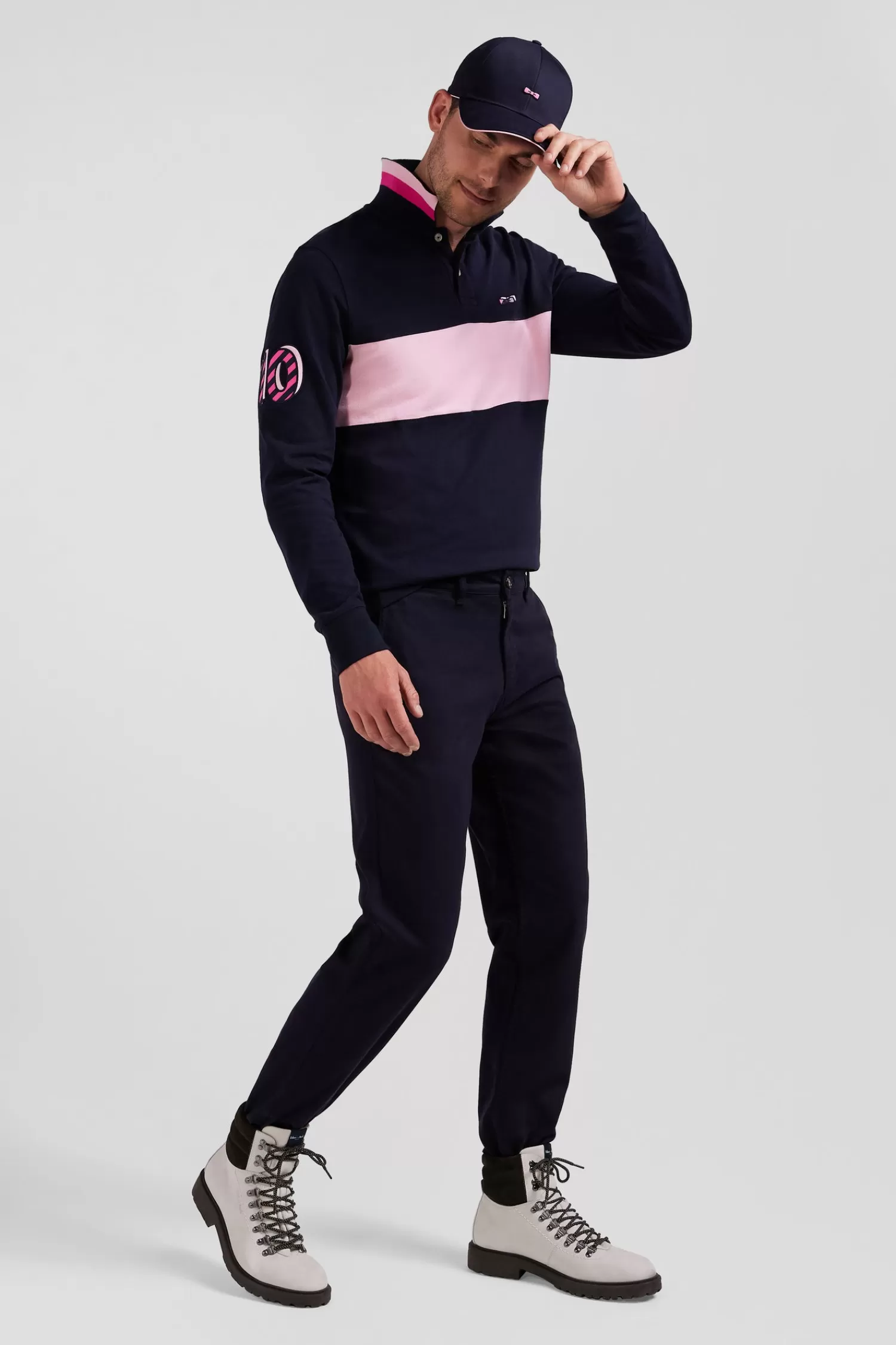 Eden Park Regular navy blue stretch cotton piqué and modal chino trousers< Pants