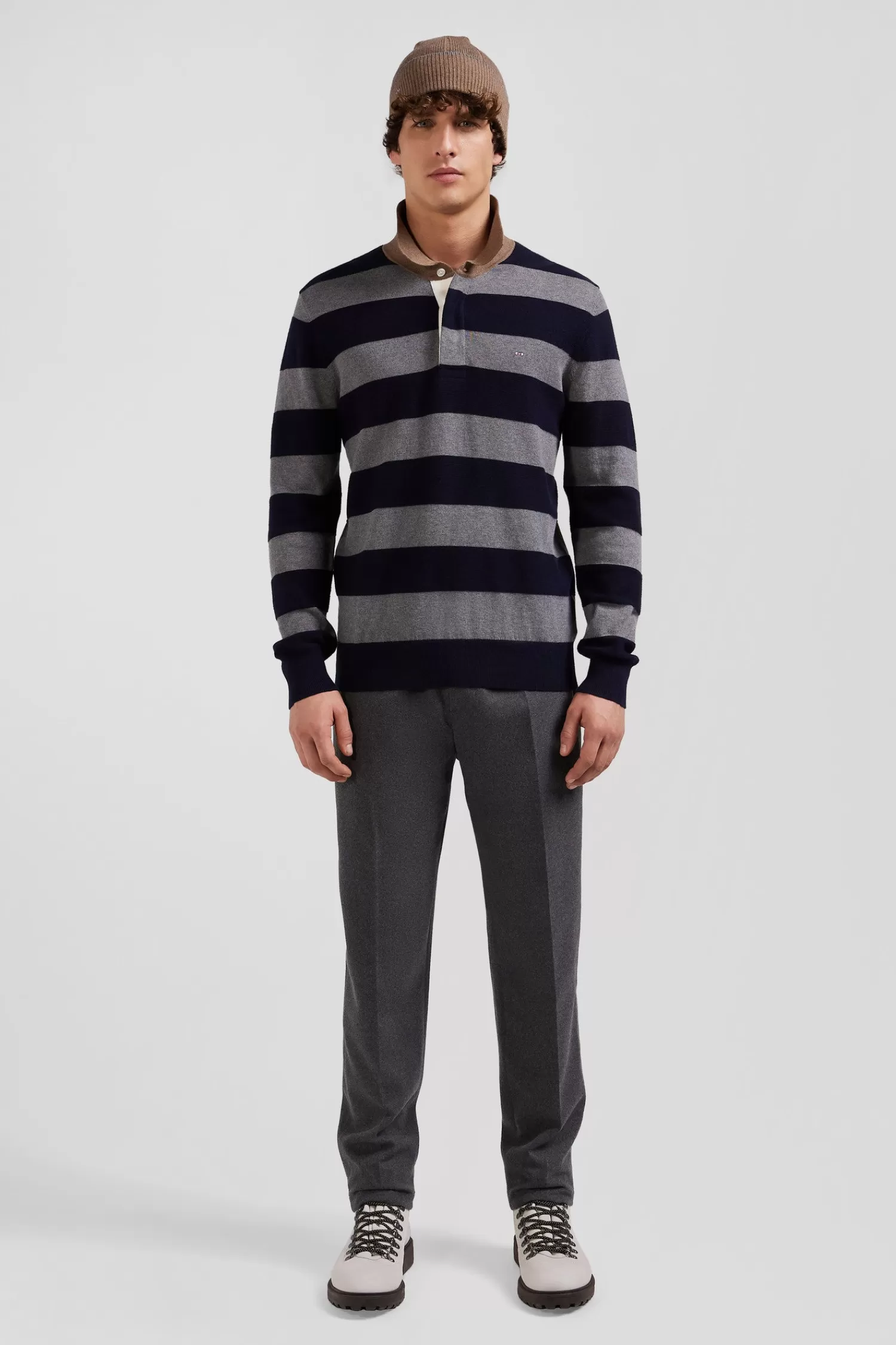 Eden Park Regular navy blue striped cotton and cashmere jumper with rugby shirt collar< Sweaters