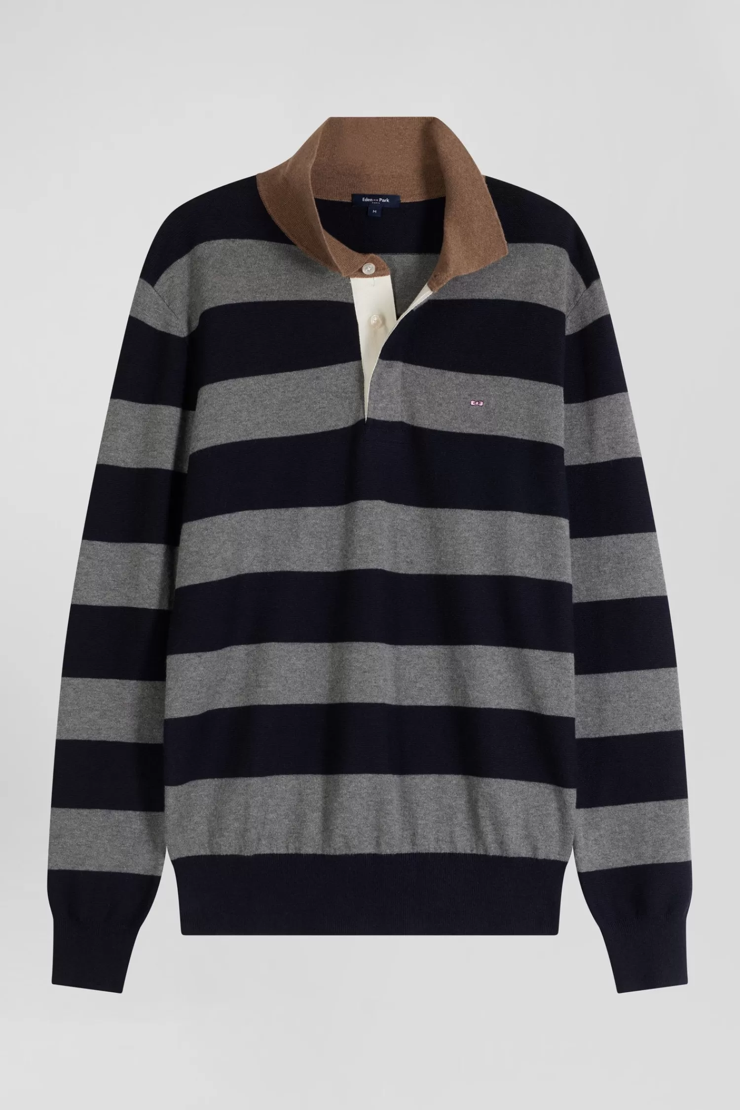 Eden Park Regular navy blue striped cotton and cashmere jumper with rugby shirt collar< Sweaters