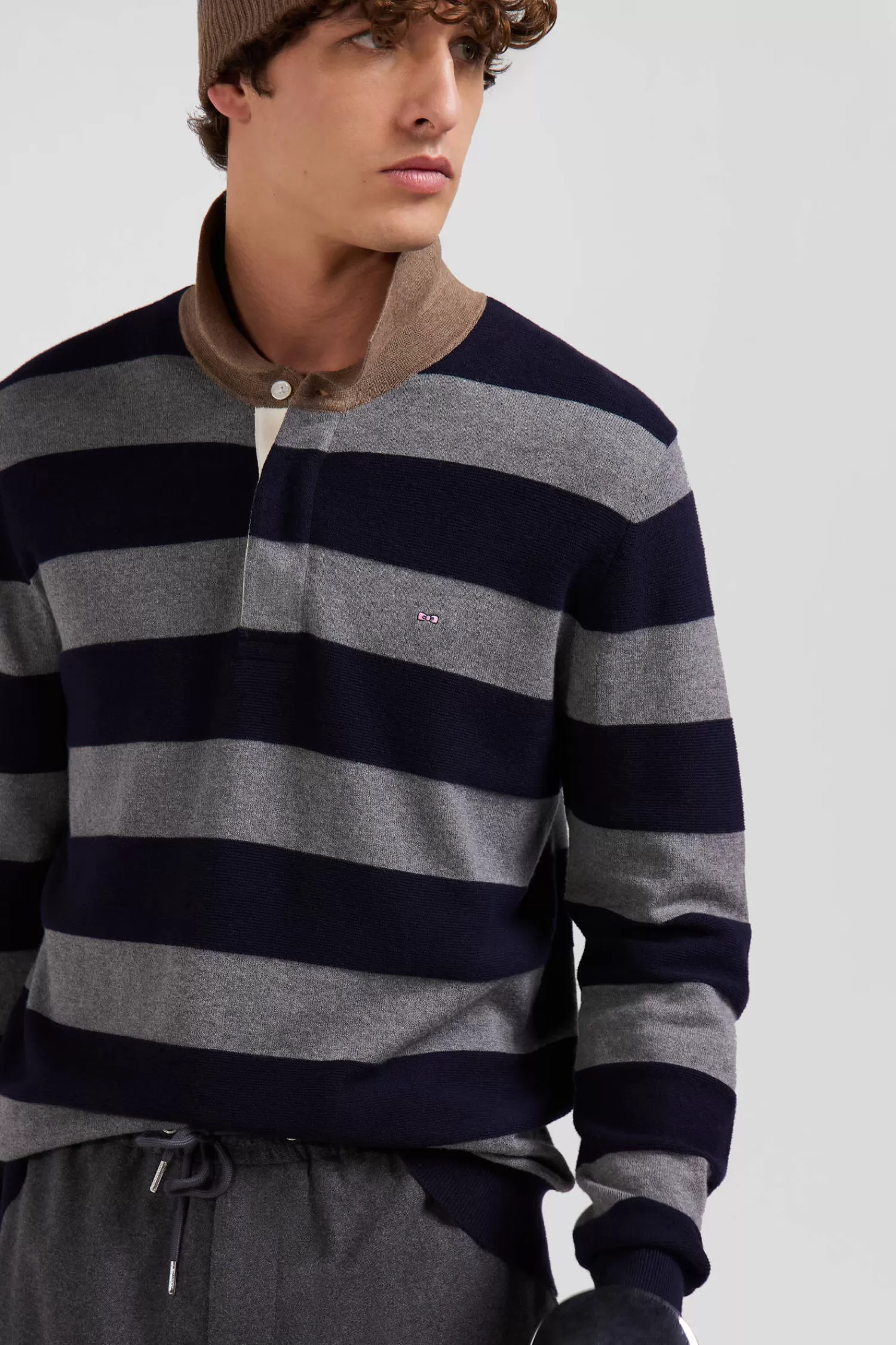 Eden Park Regular navy blue striped cotton and cashmere jumper with rugby shirt collar< Sweaters