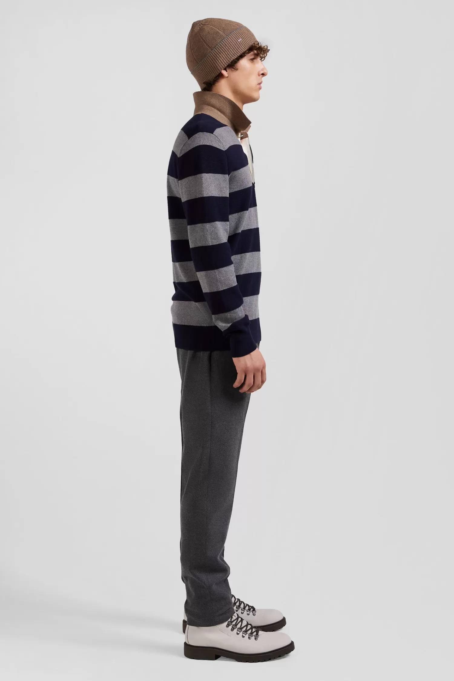 Eden Park Regular navy blue striped cotton and cashmere jumper with rugby shirt collar< Sweaters