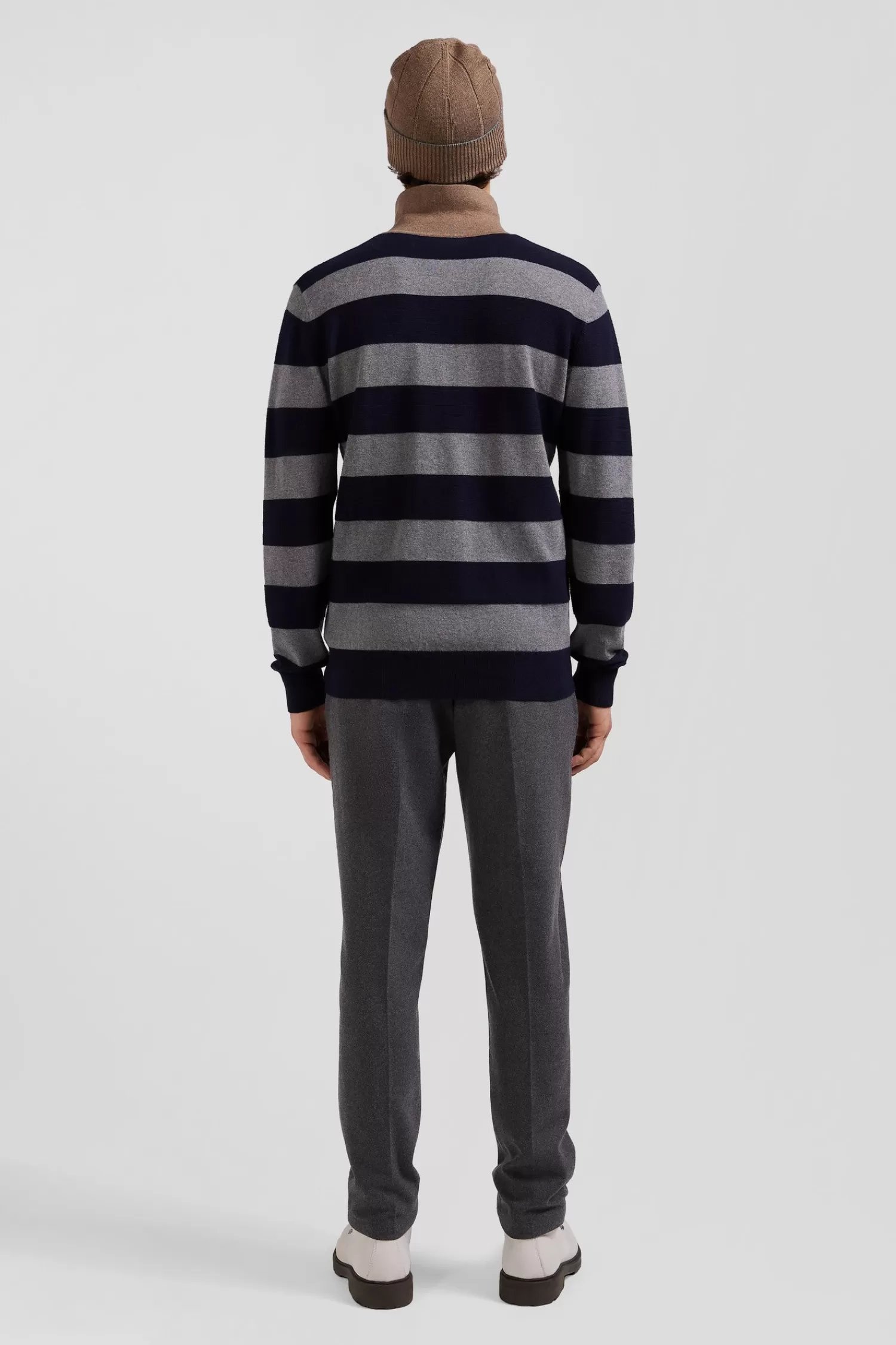 Eden Park Regular navy blue striped cotton and cashmere jumper with rugby shirt collar< Sweaters