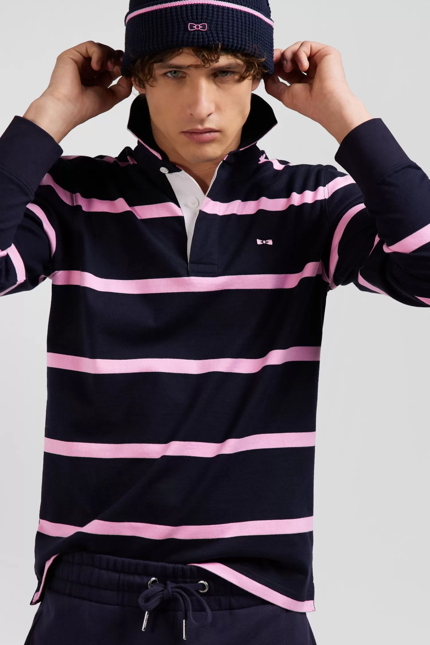 Eden Park Regular navy blue striped long-sleeved cotton rugby shirt with back embroidery< Rugby Shirts