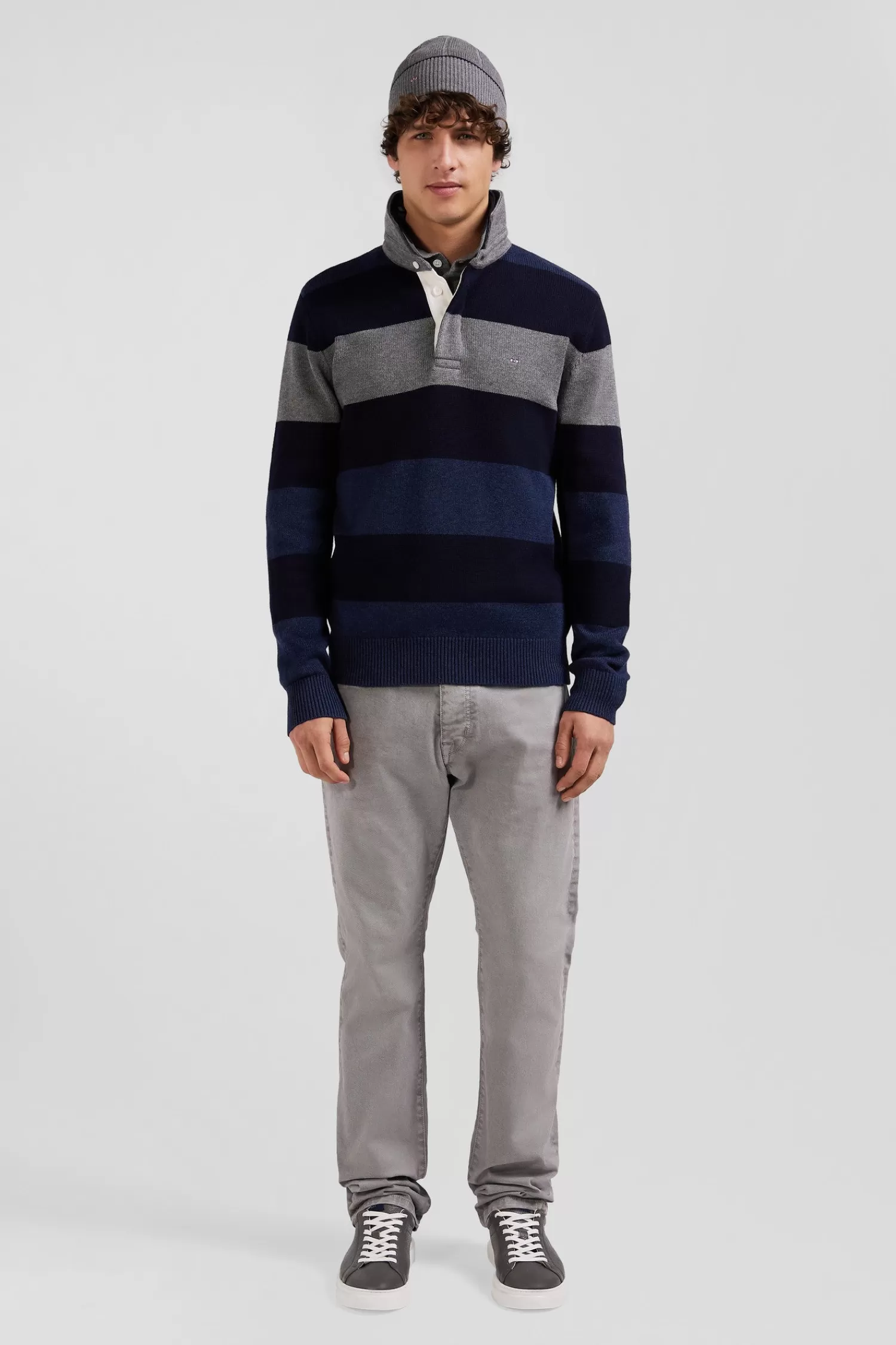 Eden Park Regular navy blue striped wool and cotton jumper with rugby shirt collar< Sweaters