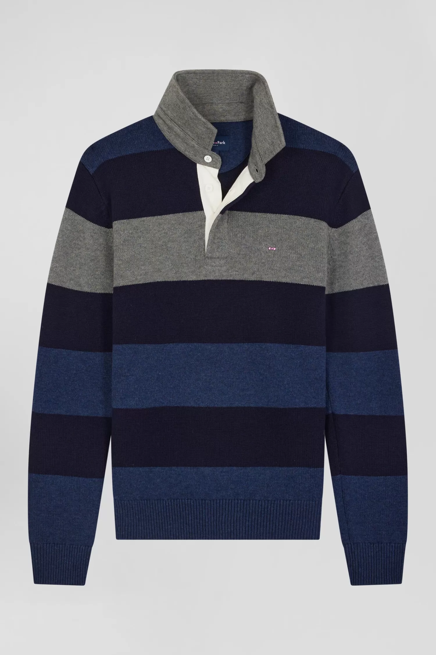 Eden Park Regular navy blue striped wool and cotton jumper with rugby shirt collar< Sweaters