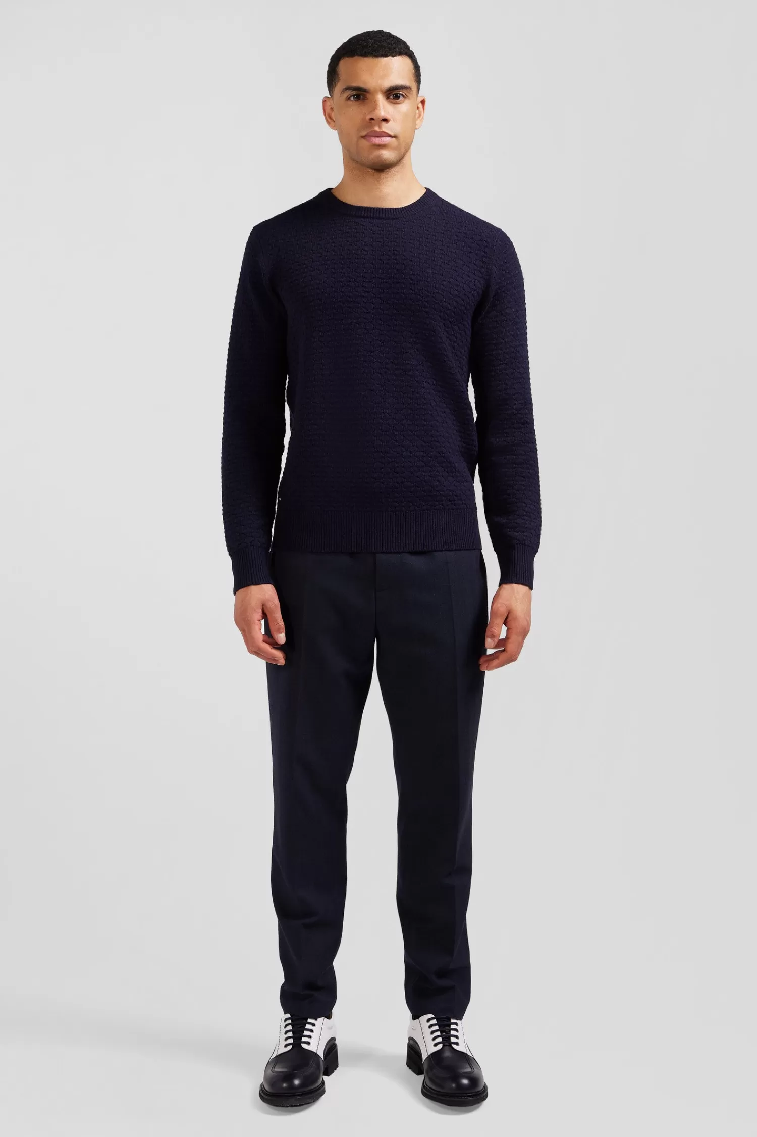 Eden Park Regular navy blue wool and cotton crew neck jumper with micro bow tie effect< Sweaters