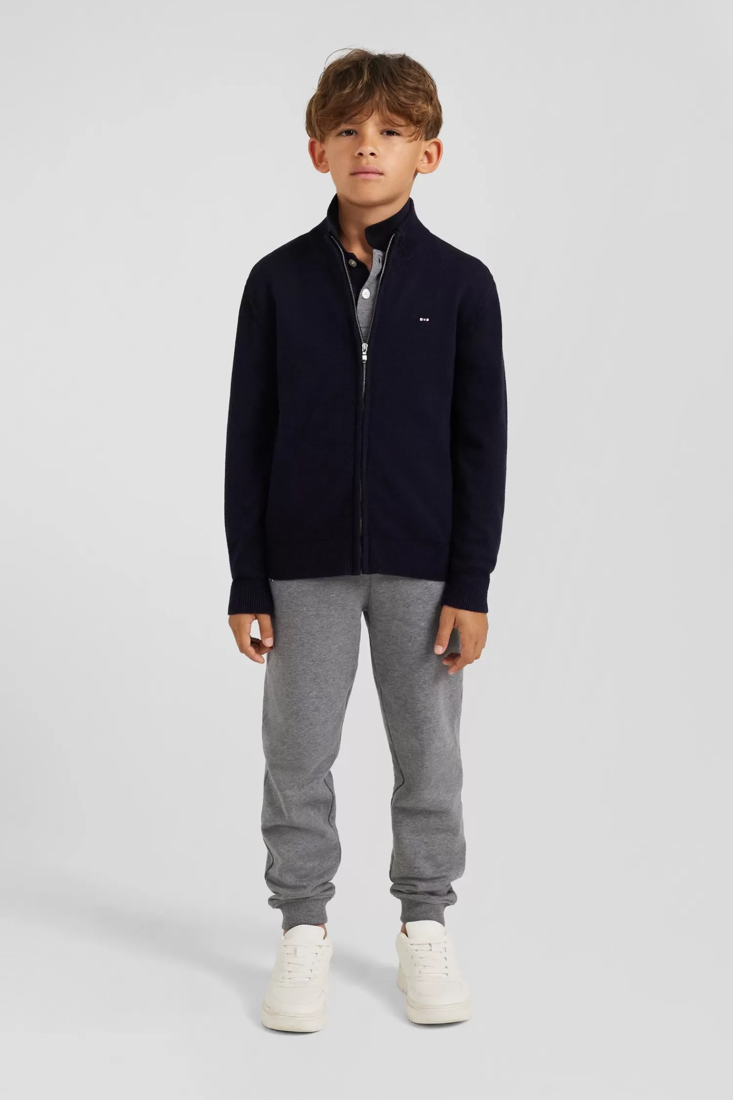 Eden Park Regular navy blue wool and cotton high collar zipped cardigan<Kids Kids