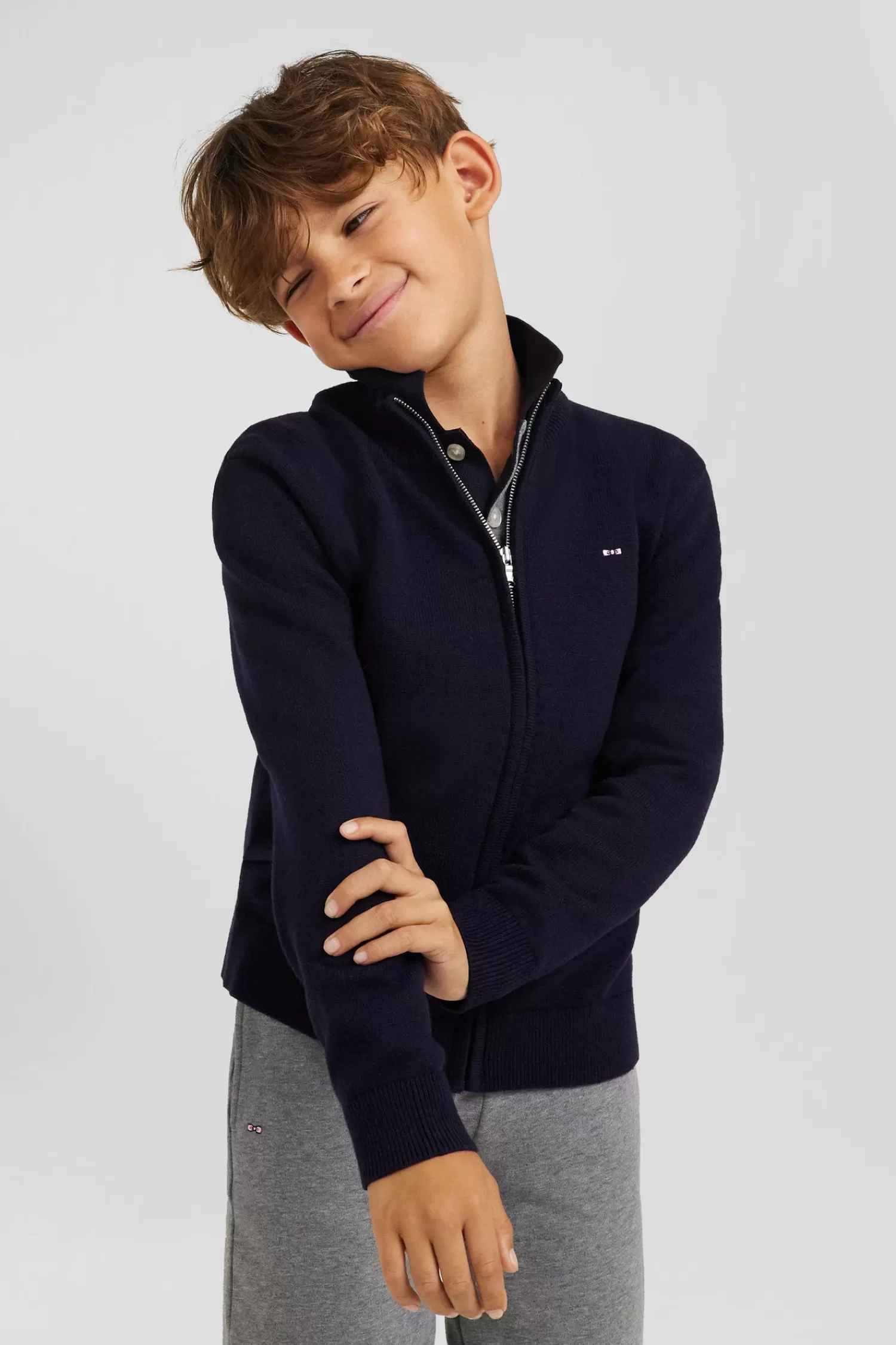 Eden Park Regular navy blue wool and cotton high collar zipped cardigan<Kids Kids