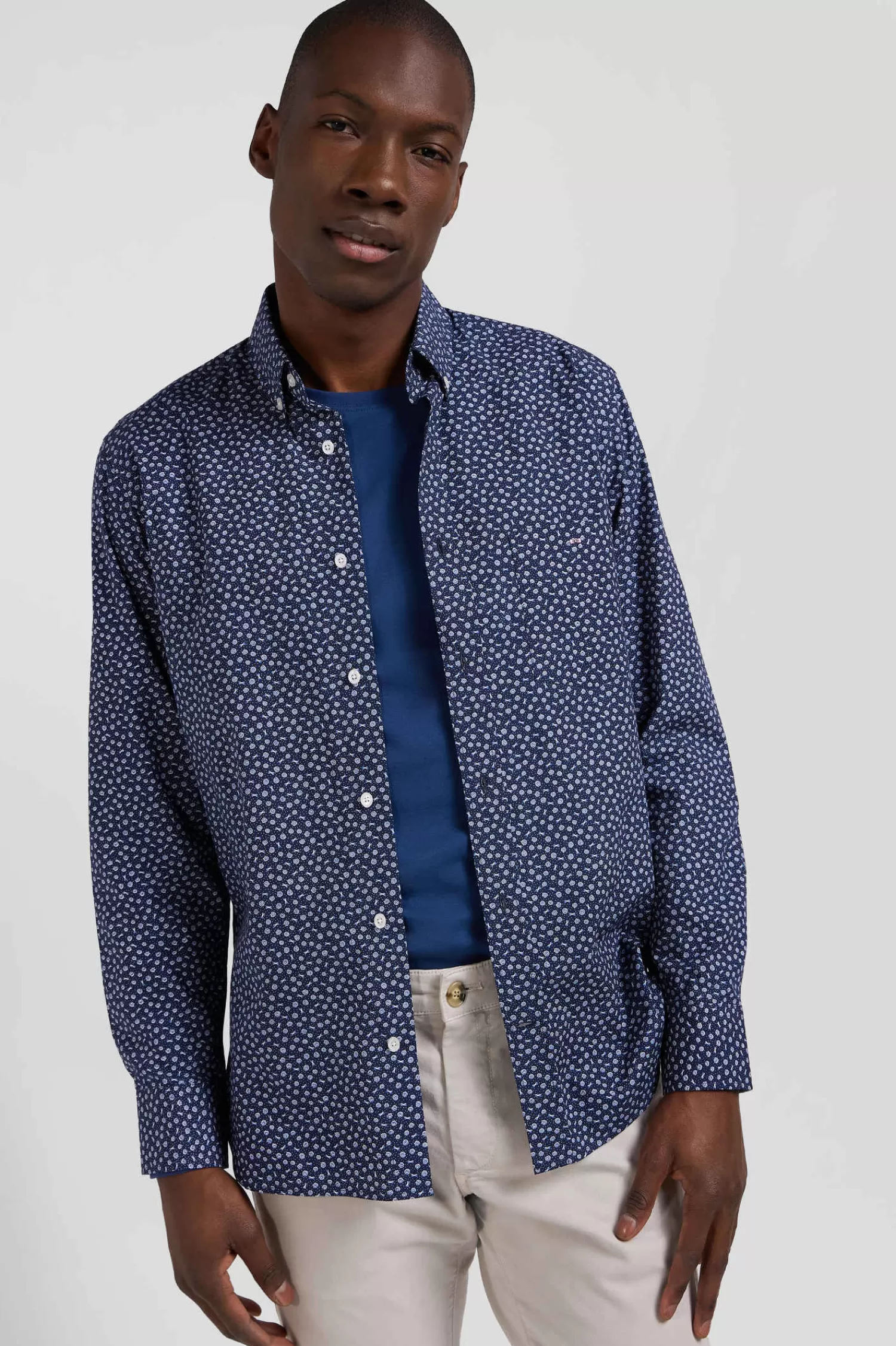 Eden Park Regular navy cotton poplin shirt with micro floral print< Shirts