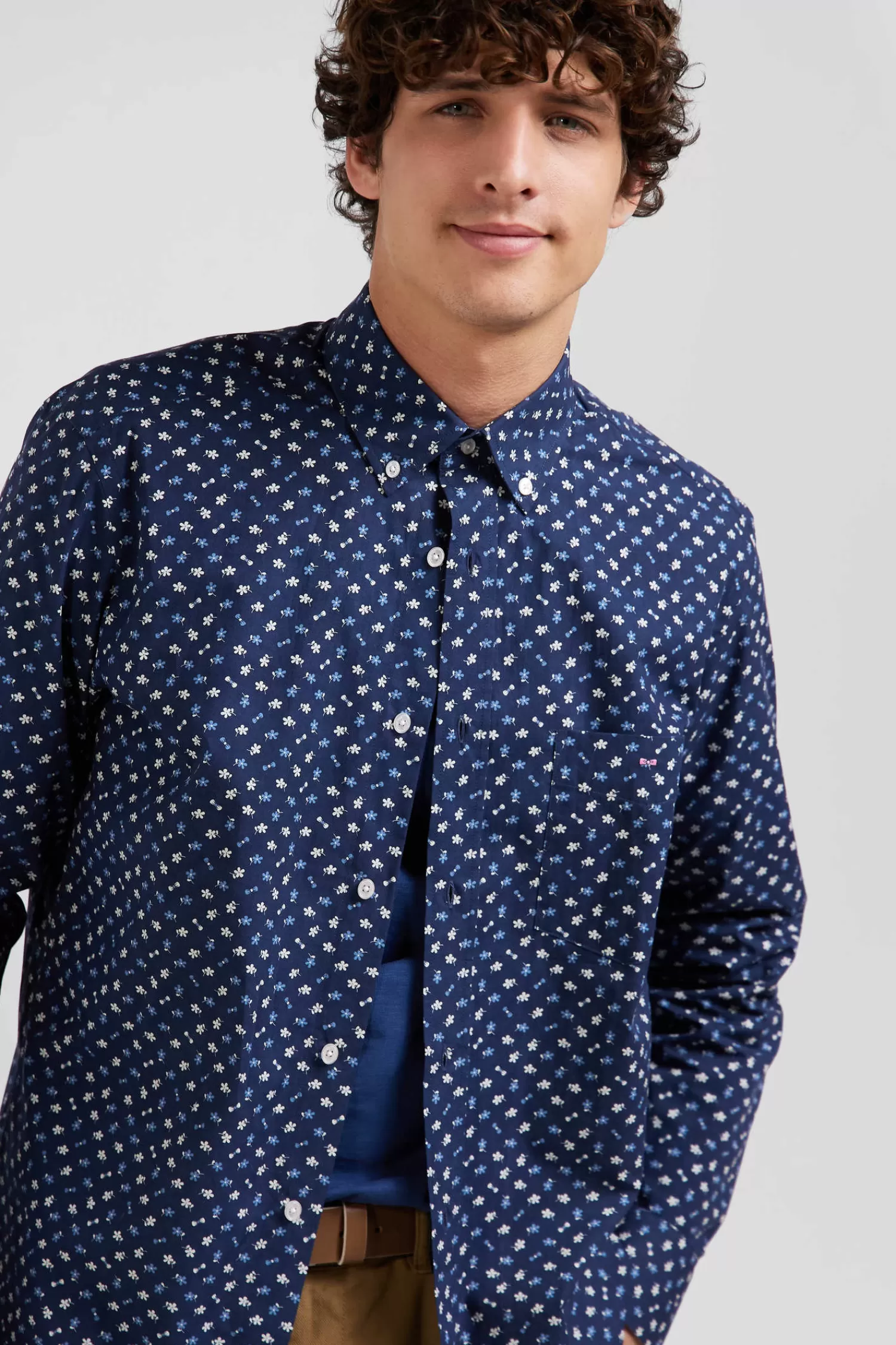 Eden Park Regular navy cotton poplin shirt with micro floral print< Shirts