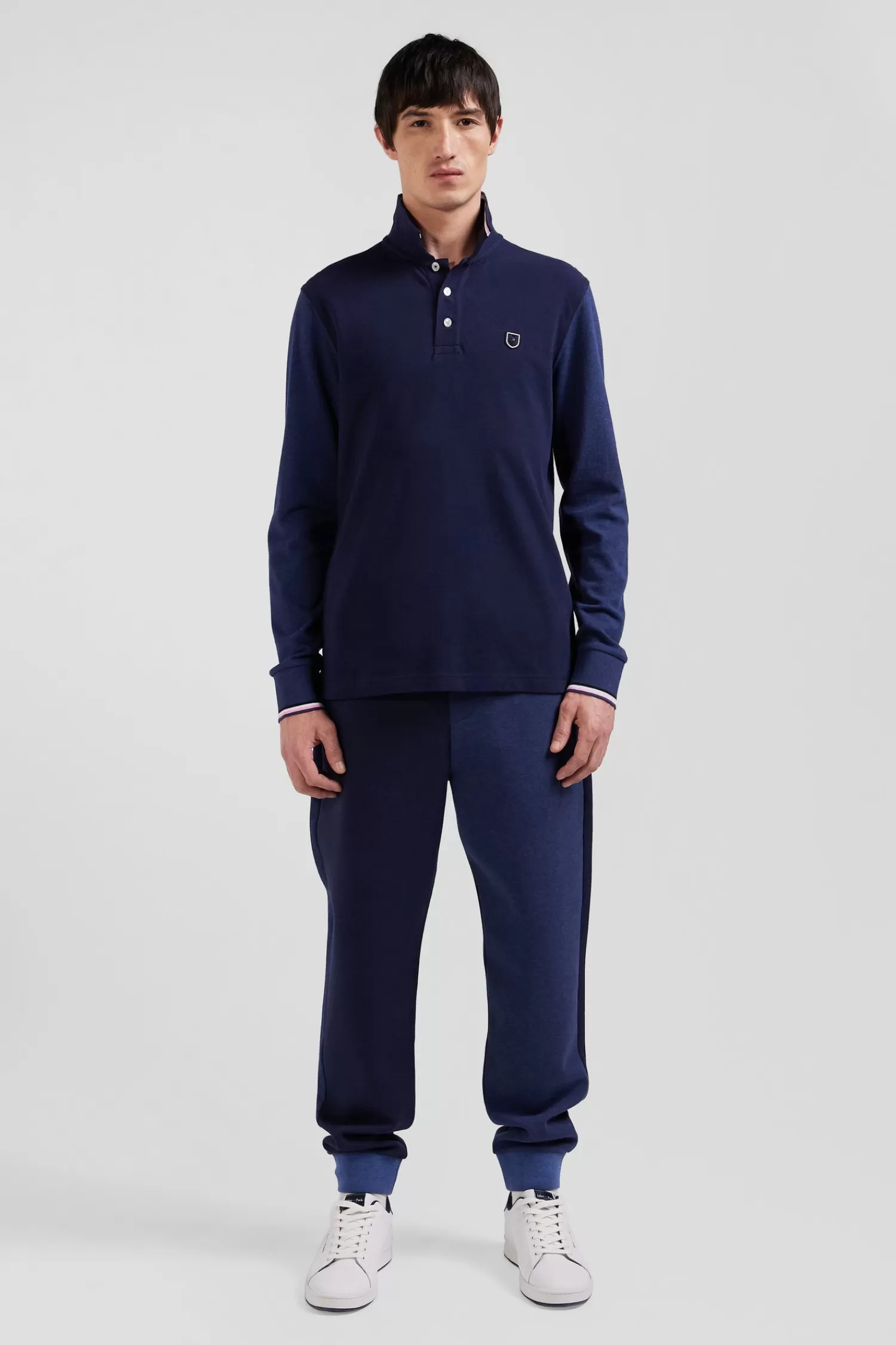 Eden Park Regular navy long-sleeved cotton piqué polo shirt with jacquard collar and rubber badge< Polos