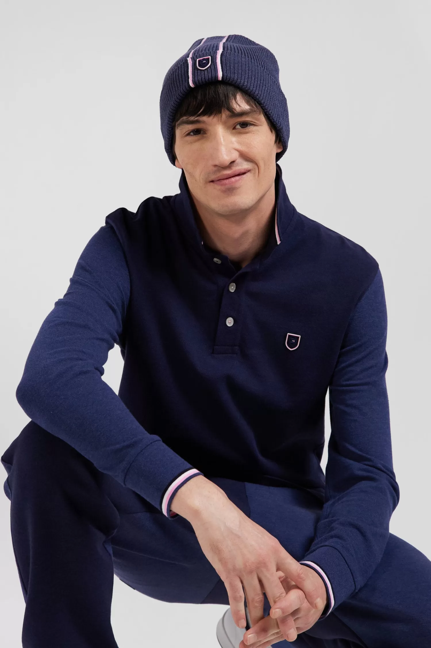 Eden Park Regular navy long-sleeved cotton piqué polo shirt with jacquard collar and rubber badge< Polos
