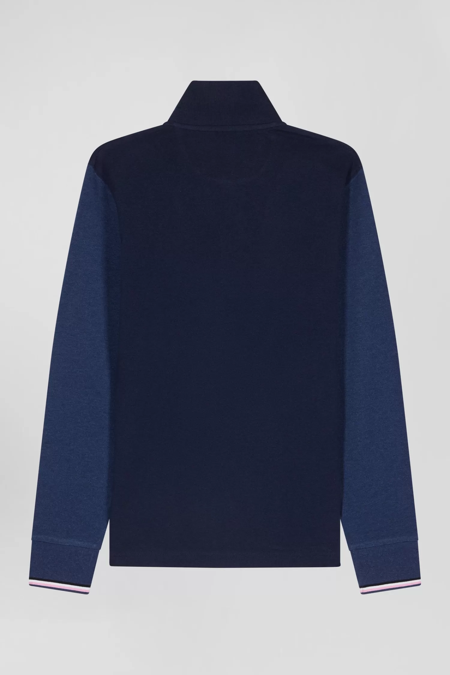 Eden Park Regular navy long-sleeved cotton piqué polo shirt with jacquard collar and rubber badge< Polos