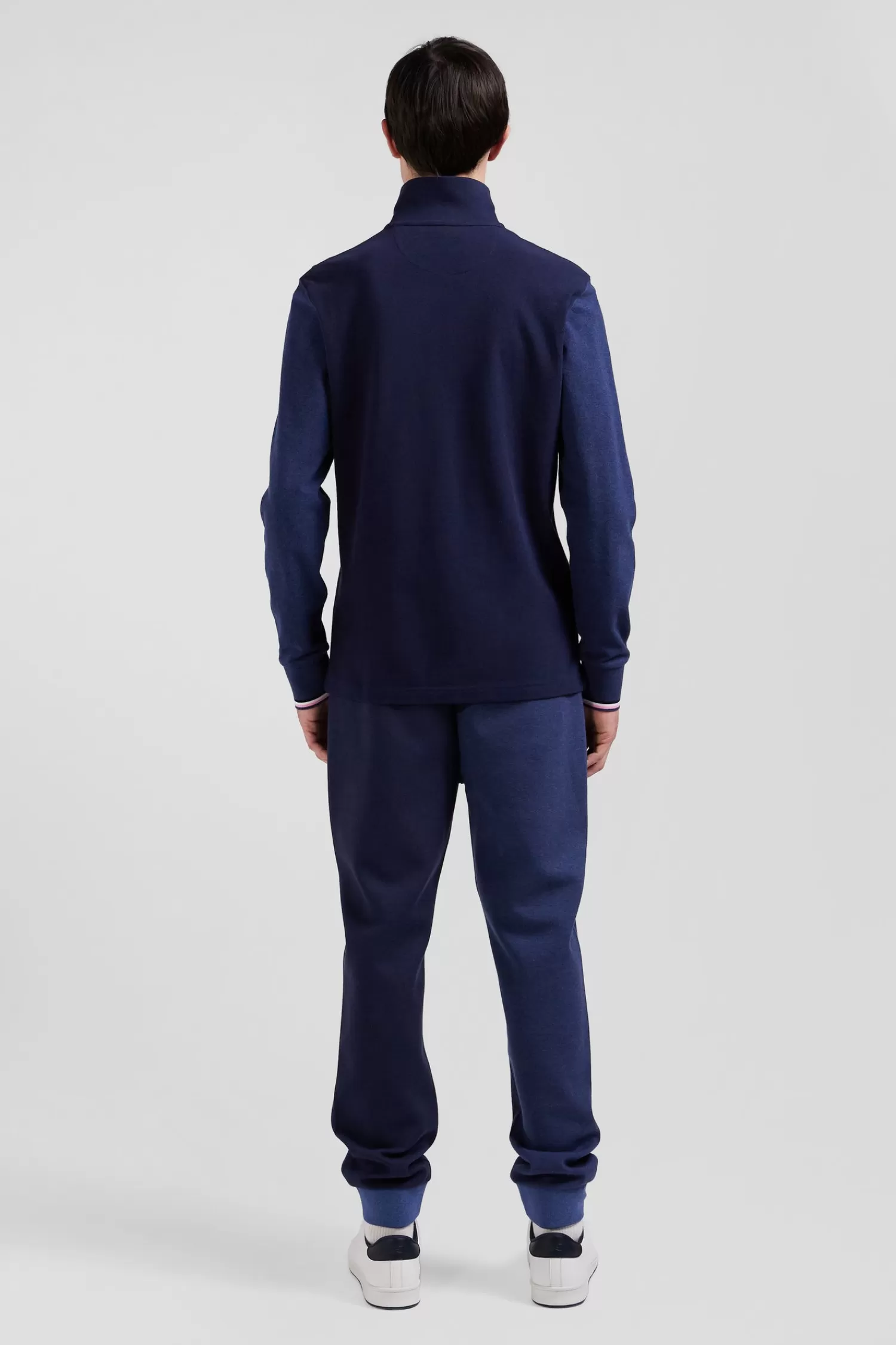 Eden Park Regular navy long-sleeved cotton piqué polo shirt with jacquard collar and rubber badge< Polos