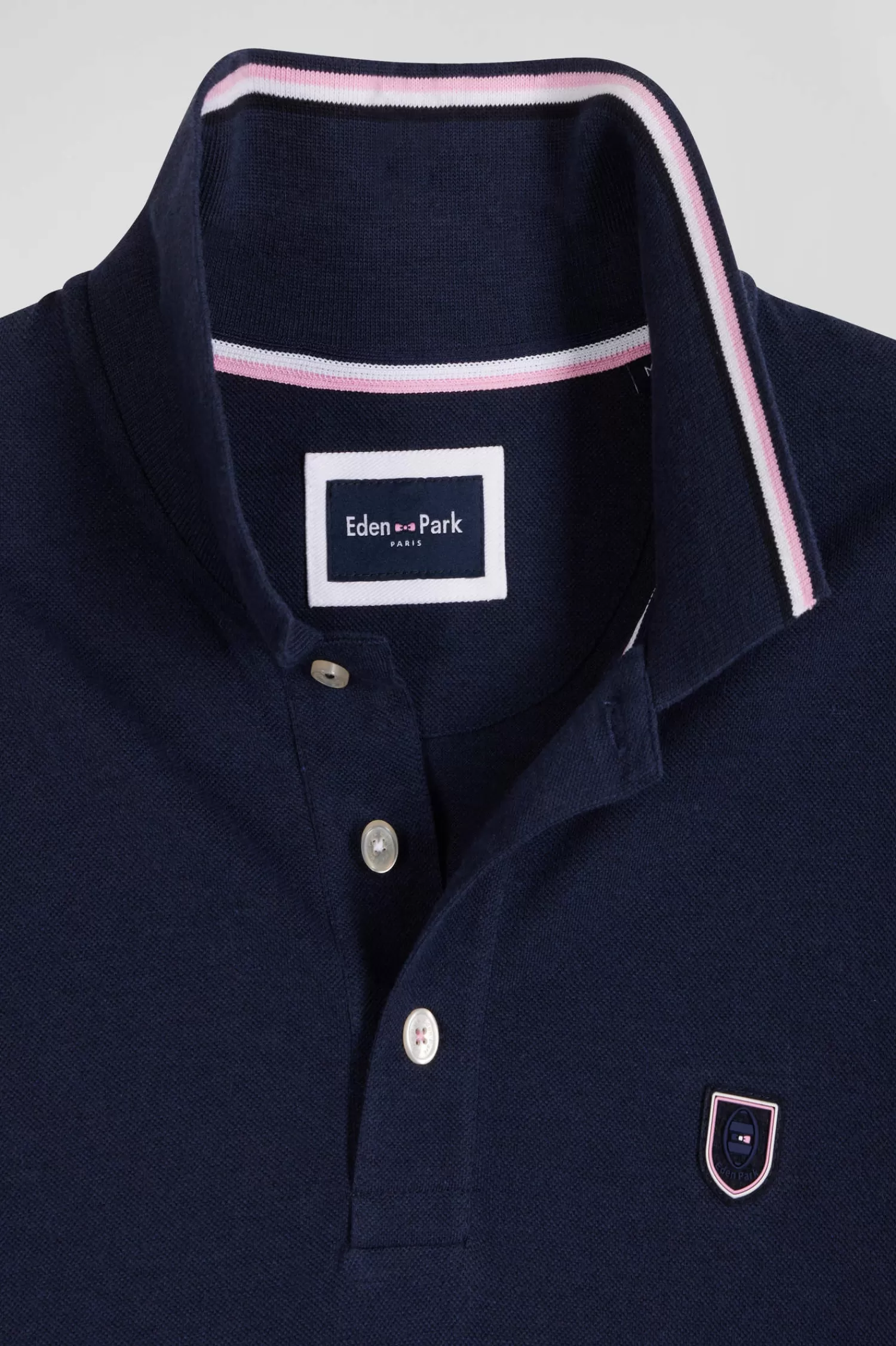 Eden Park Regular navy long-sleeved cotton piqué polo shirt with jacquard collar and rubber badge< Polos