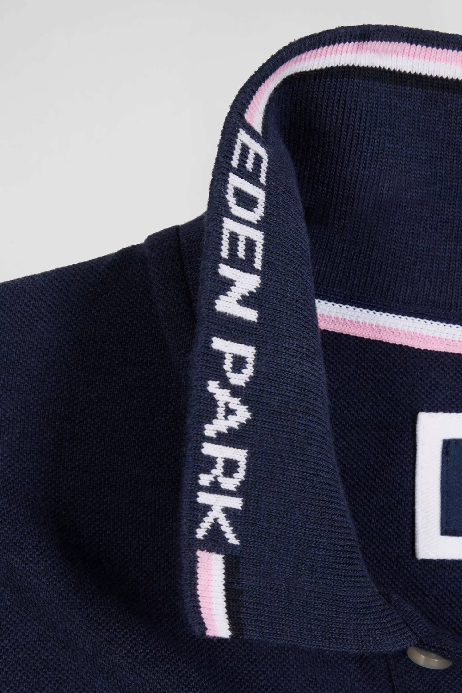 Eden Park Regular navy long-sleeved cotton piqué polo shirt with jacquard collar and rubber badge< Polos