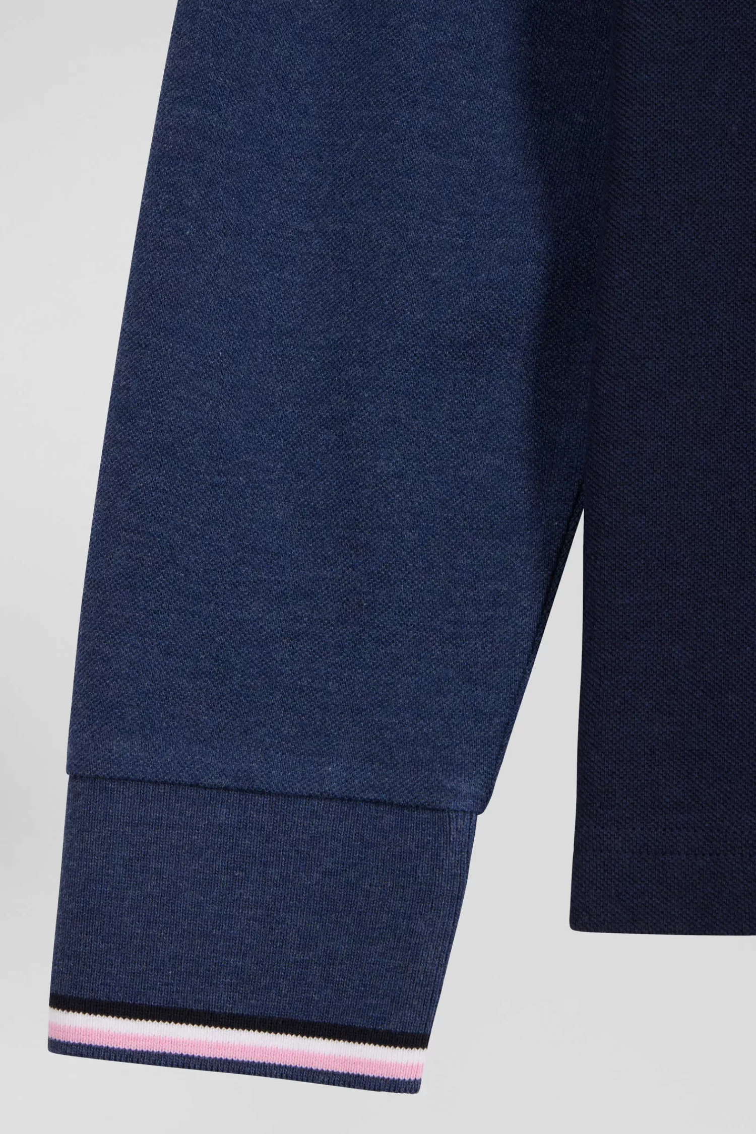 Eden Park Regular navy long-sleeved cotton piqué polo shirt with jacquard collar and rubber badge< Polos