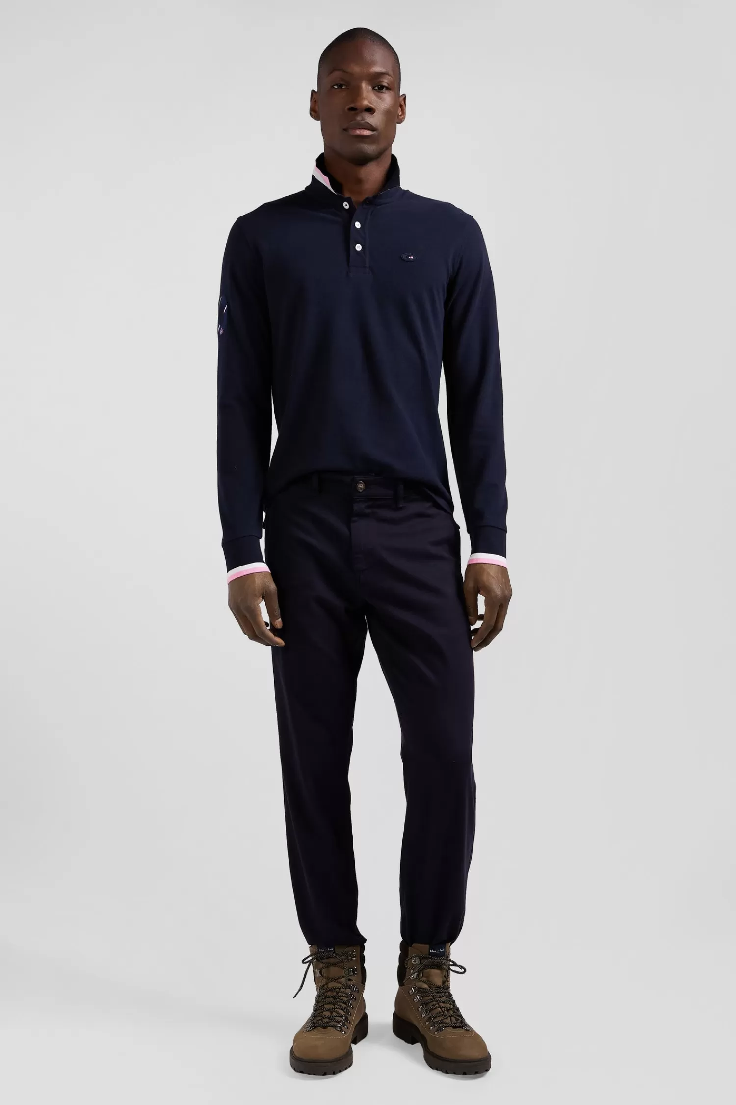Eden Park Regular navy long-sleeved cotton piqué polo shirt with XV de France embroidery< Polos