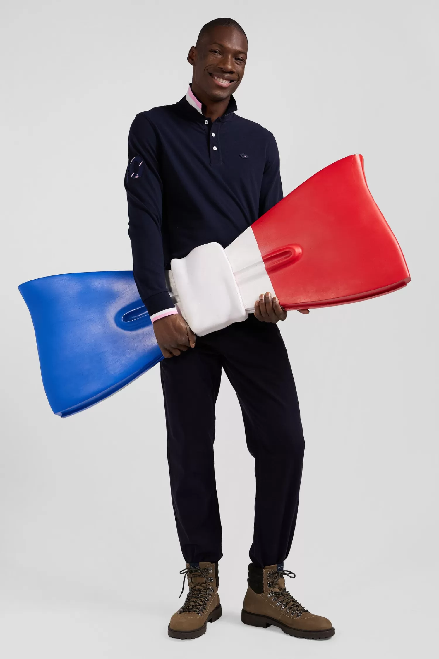 Eden Park Regular navy long-sleeved cotton piqué polo shirt with XV de France embroidery< Polos