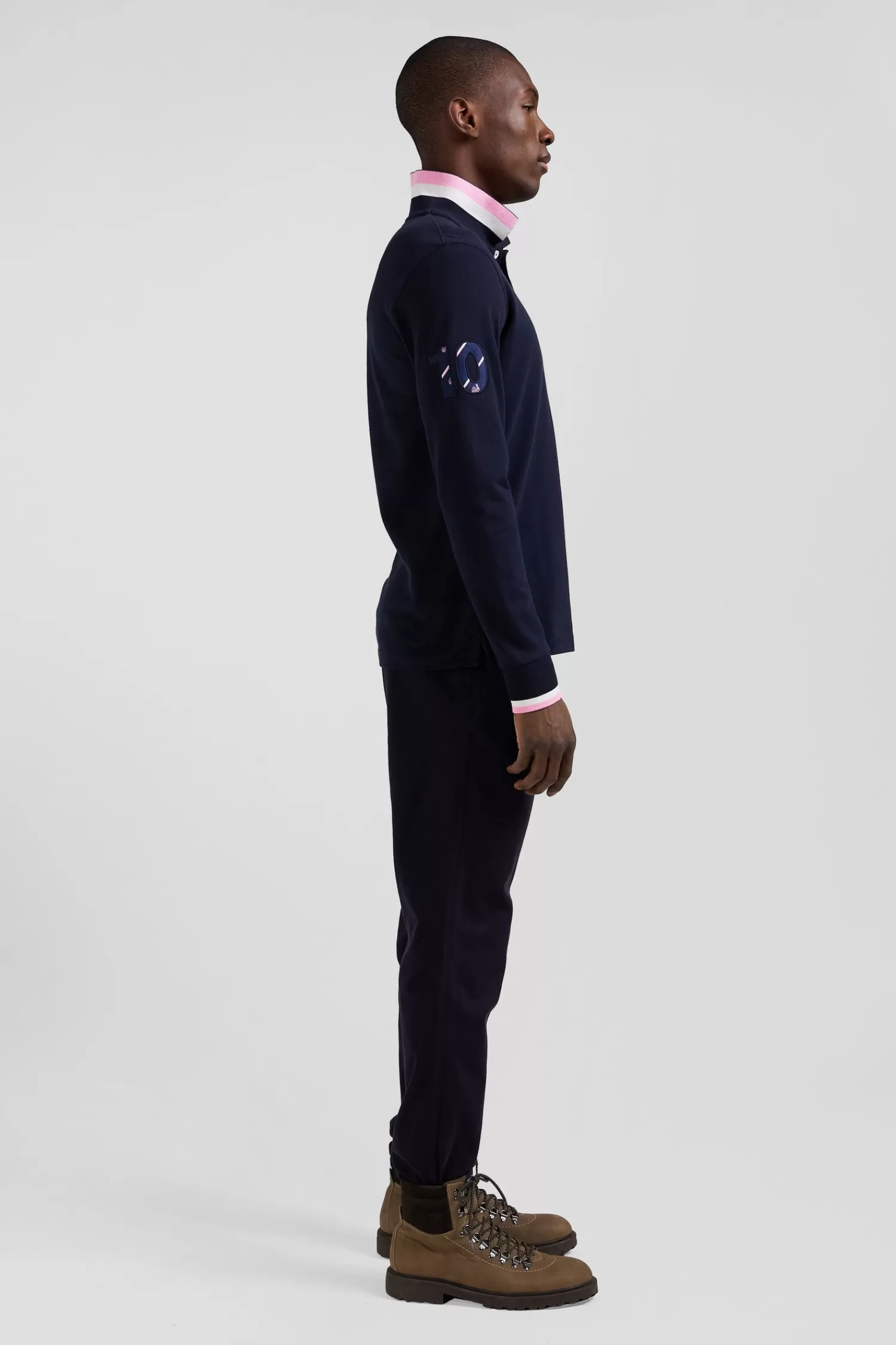 Eden Park Regular navy long-sleeved cotton piqué polo shirt with XV de France embroidery< Polos