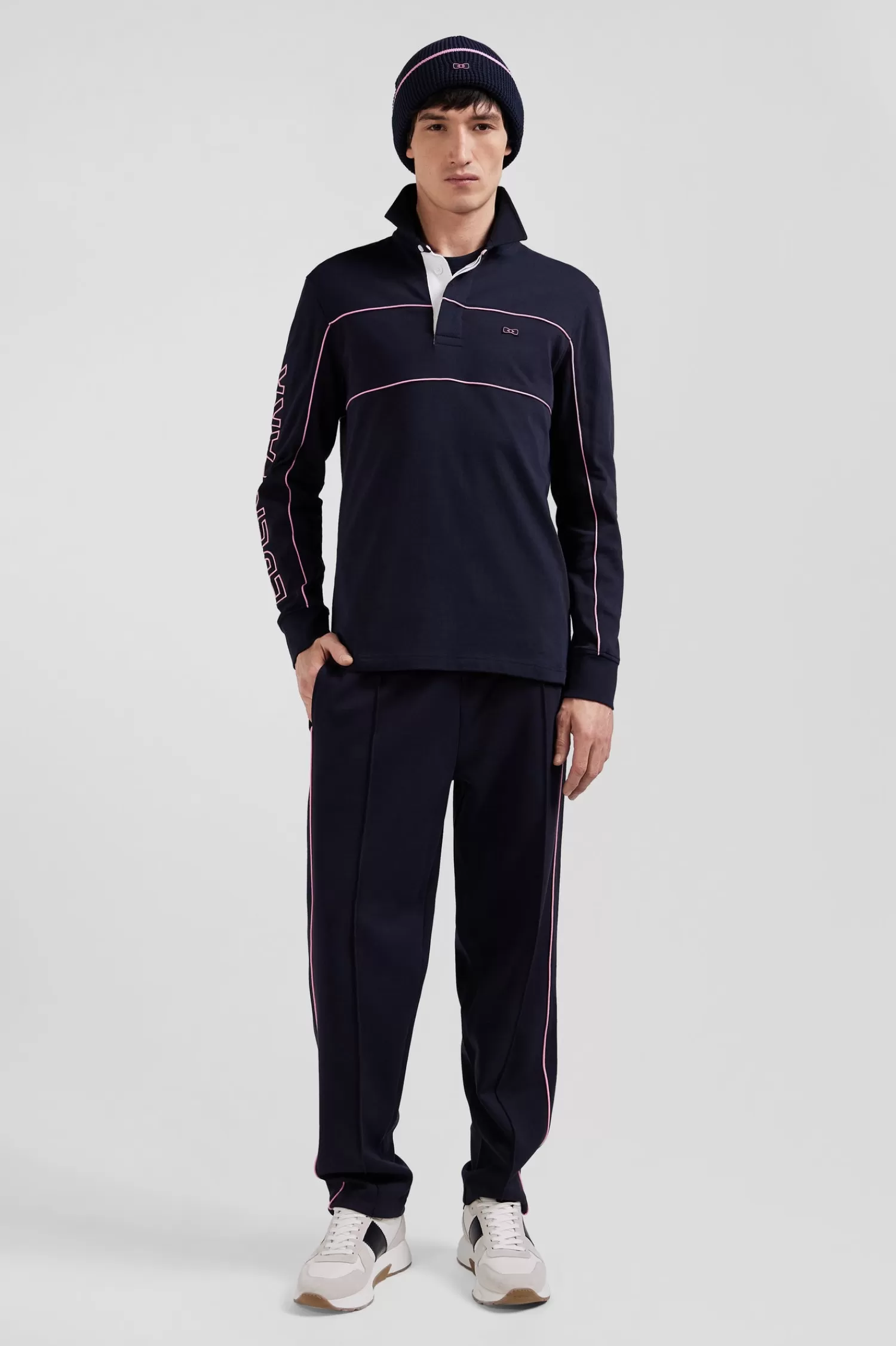 Eden Park Regular navy long-sleeved cotton rugby shirt with pink piping and embroidery< Rugby Shirts