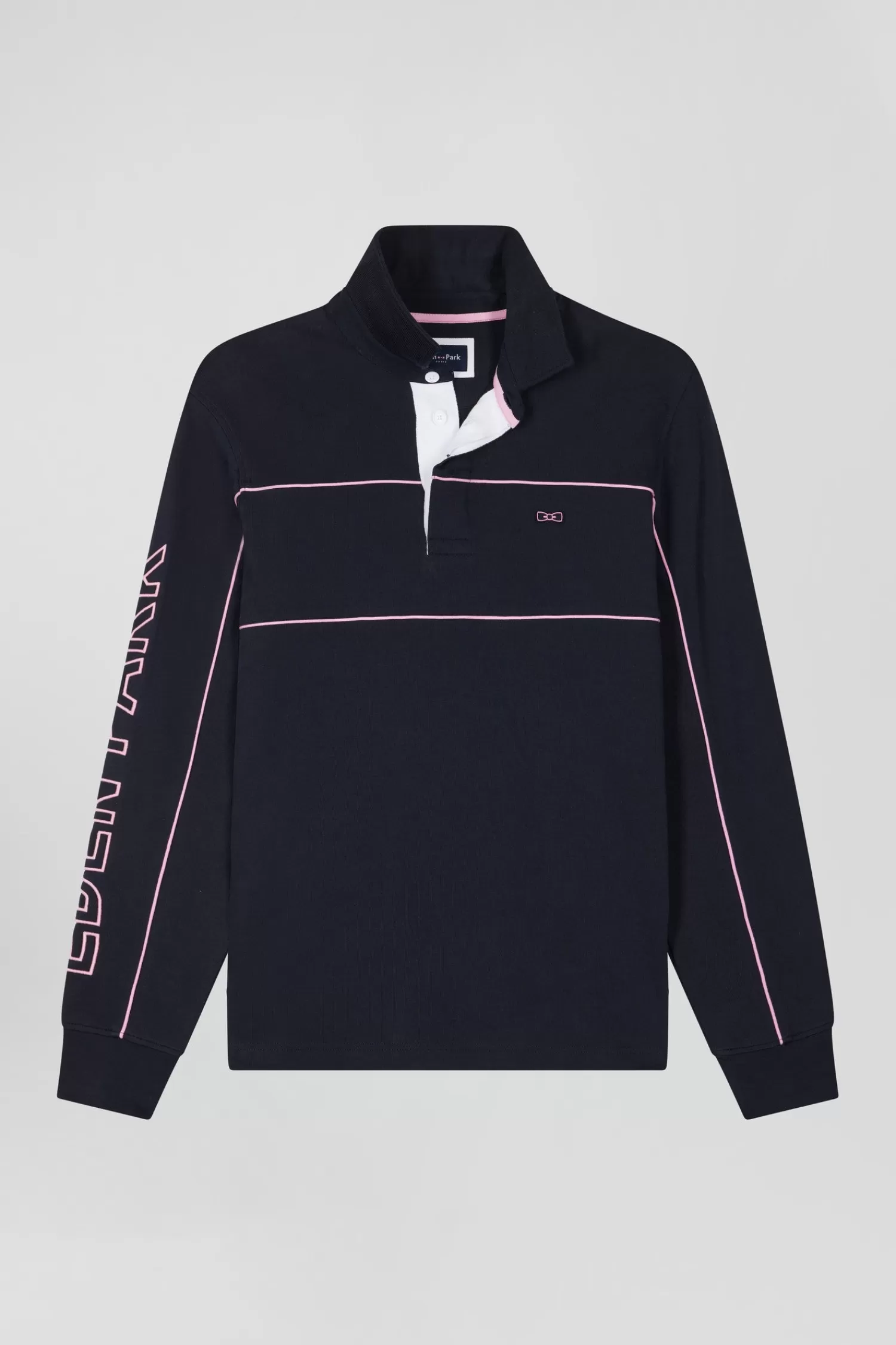 Eden Park Regular navy long-sleeved cotton rugby shirt with pink piping and embroidery< Rugby Shirts