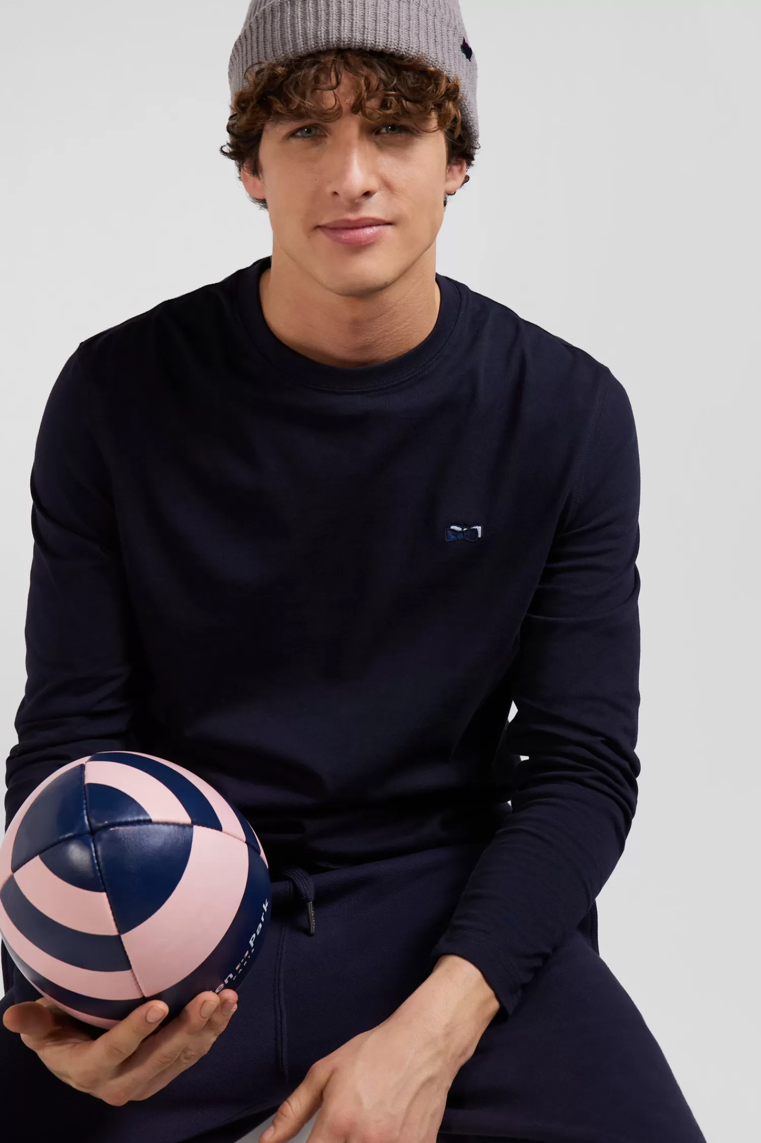 Eden Park Regular navy long-sleeved cotton T-shirt with striped bow tie embroidery< T-shirts