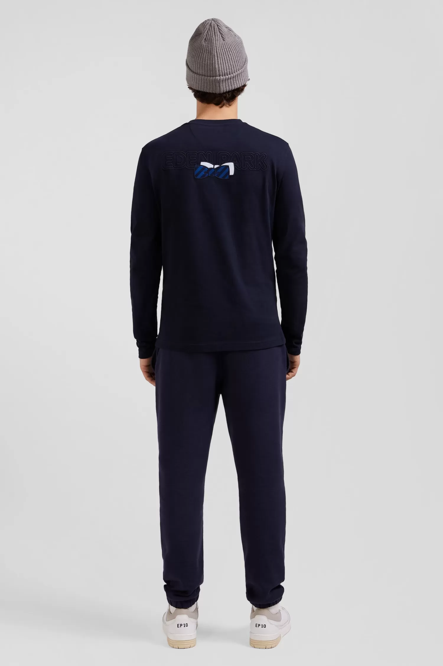 Eden Park Regular navy long-sleeved cotton T-shirt with striped bow tie embroidery< T-shirts